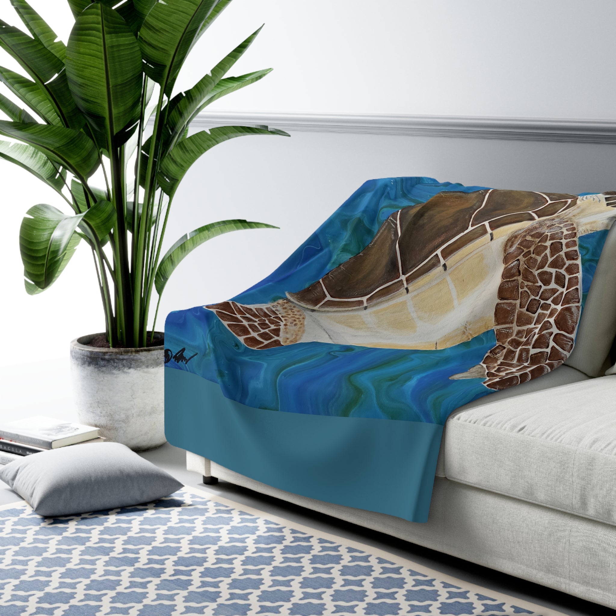 Sofa with a turtle-themed cover in a living room setting