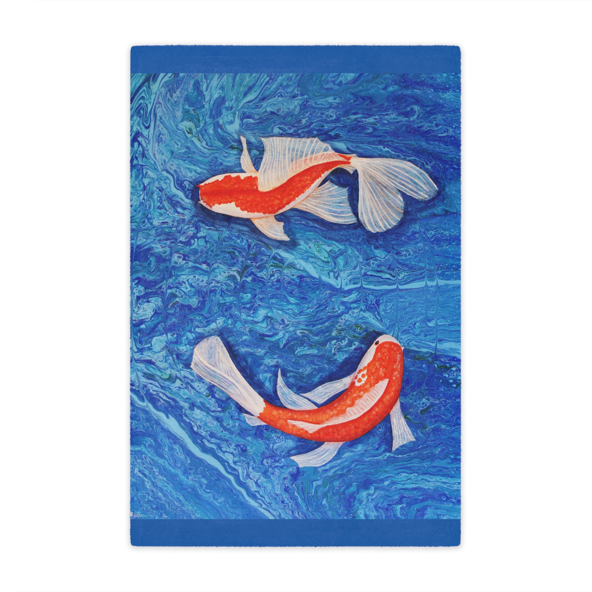 Blanket with two koi fish on a blue water background