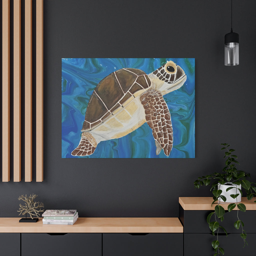 Artistic depiction of a turtle on a blue background, framed and hanging on a dark wall.