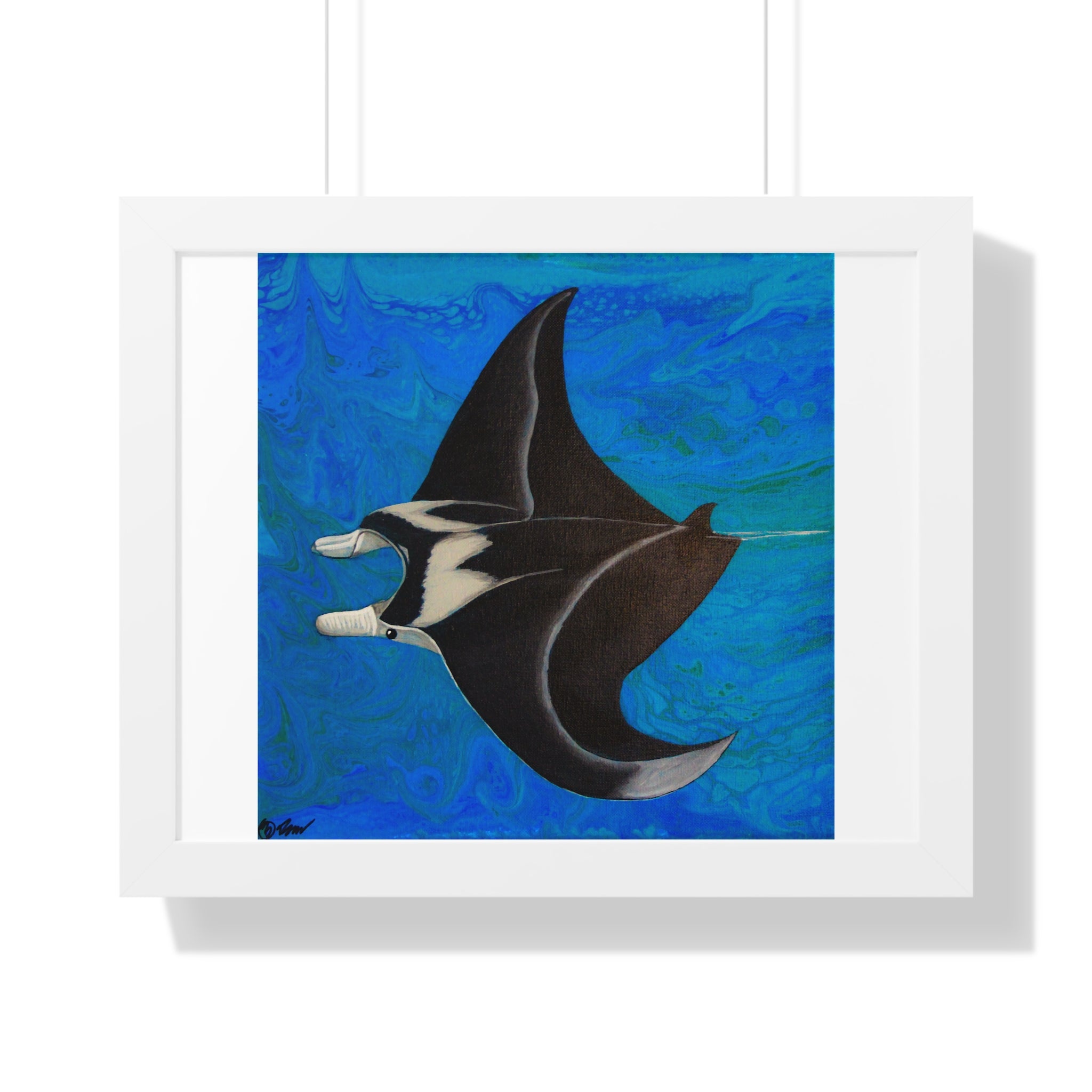 Framed artwork of a manta ray on a blue background