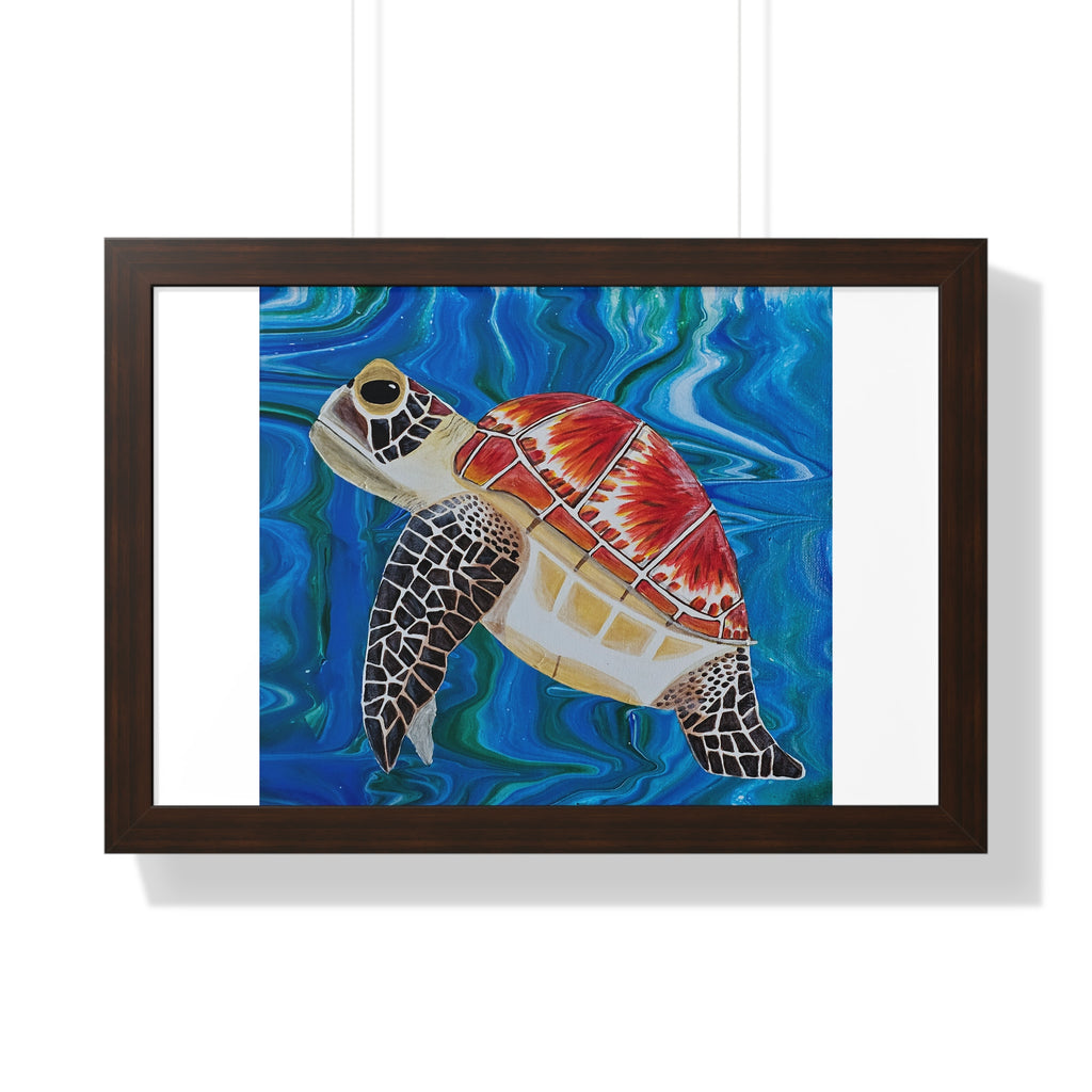 Framed artwork of a turtle with a colorful design on a blue background