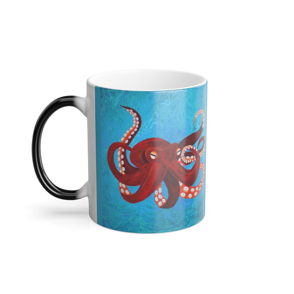 Mug with a red octopus design on a blue background
