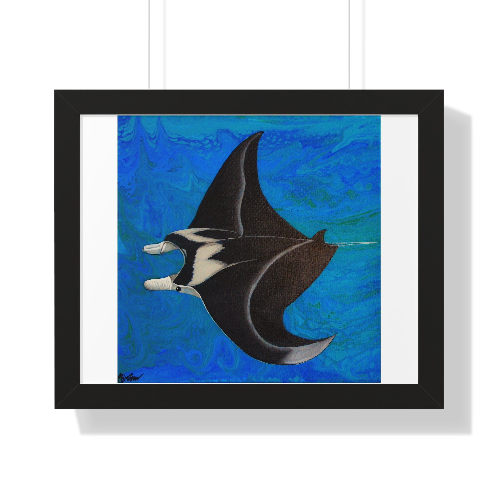 Framed artwork of a manta ray on a blue background