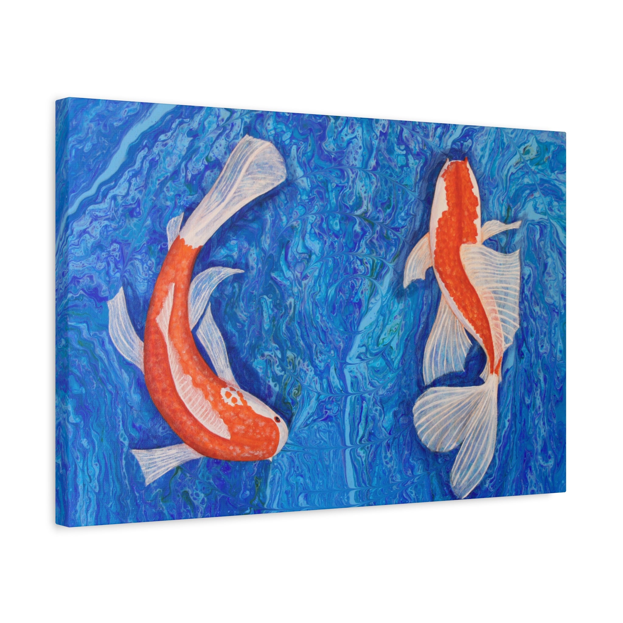 Canvas print of two koi fish on a blue watercolor background