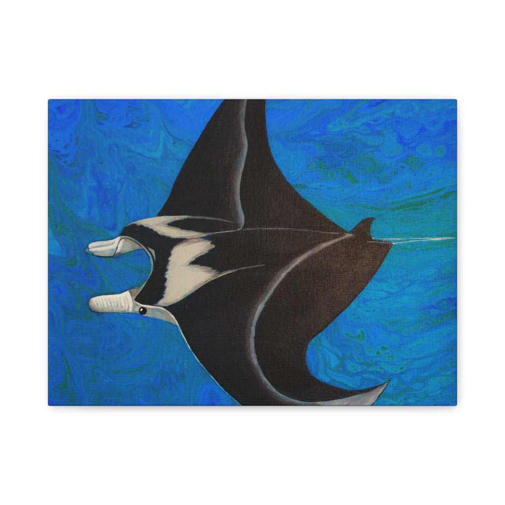 Artistic depiction of a manta ray against a blue background