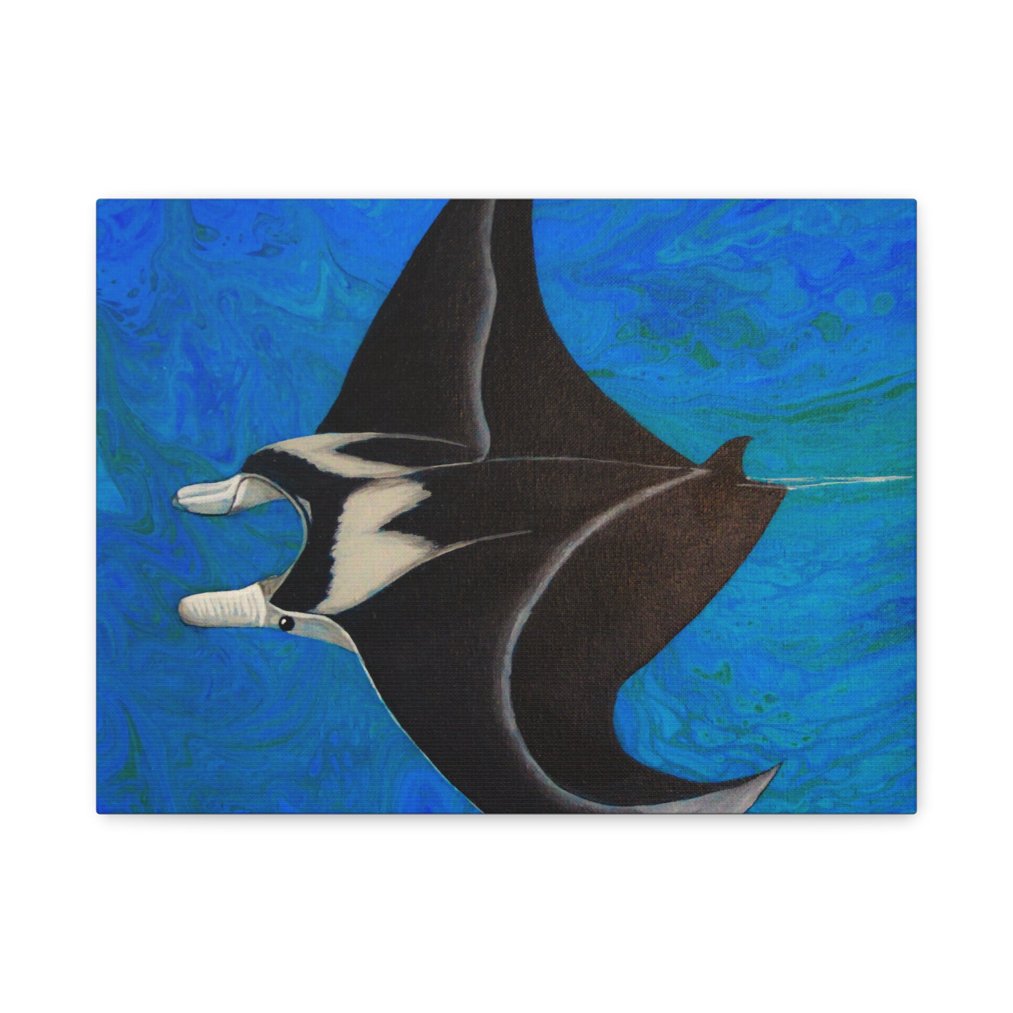 Artistic depiction of a manta ray against a blue background
