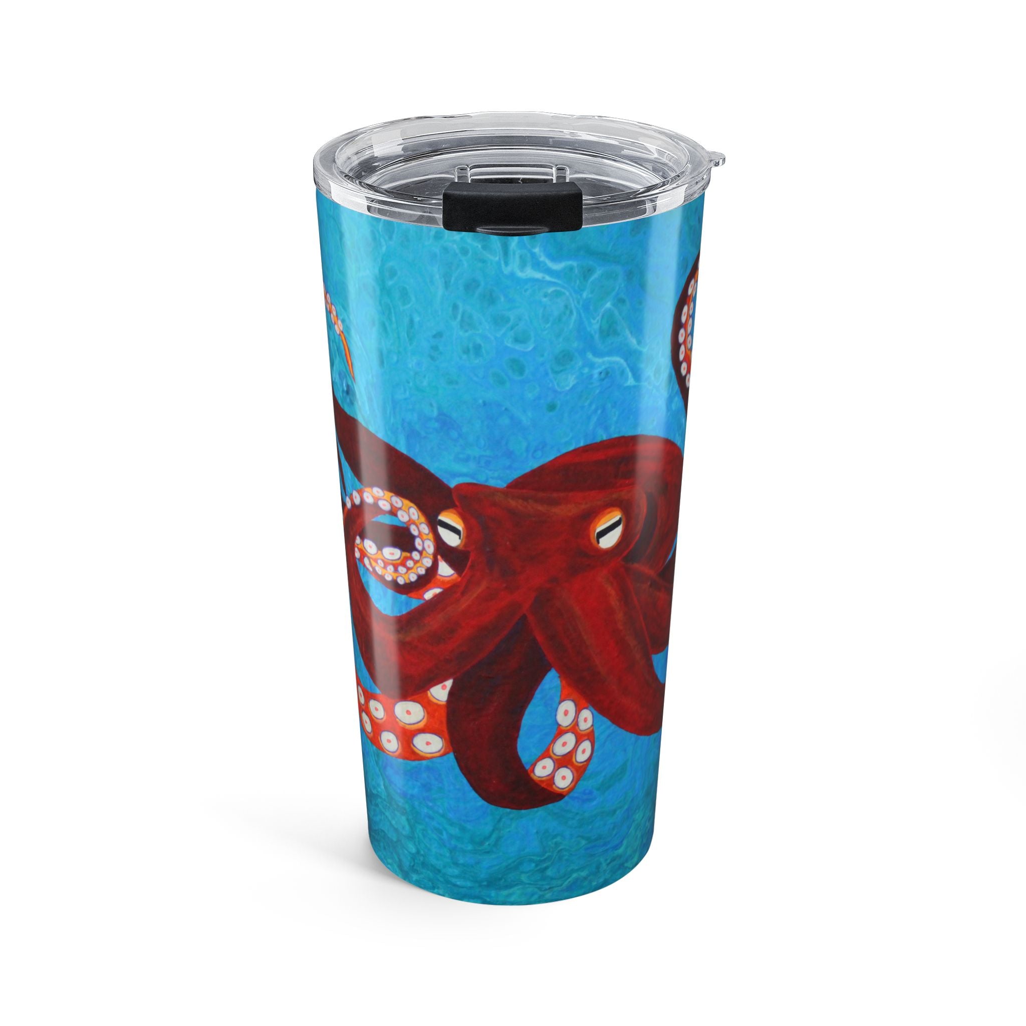 Tumbler with a red octopus design on a blue background