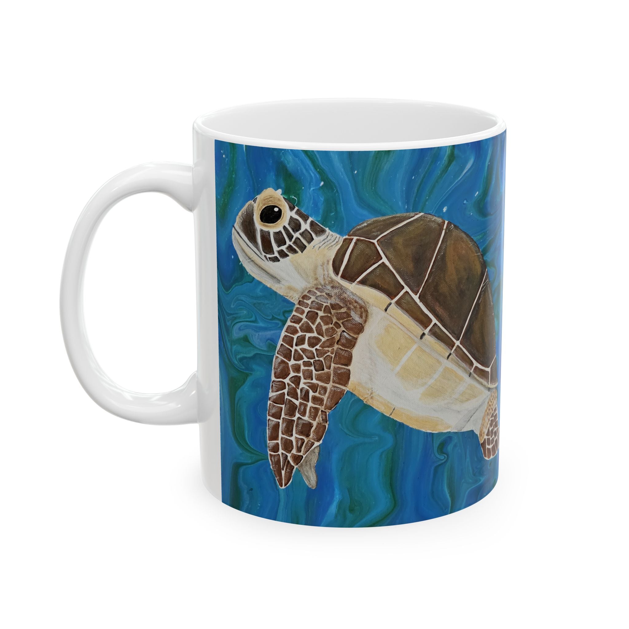 Mug with a turtle design on a blue underwater background