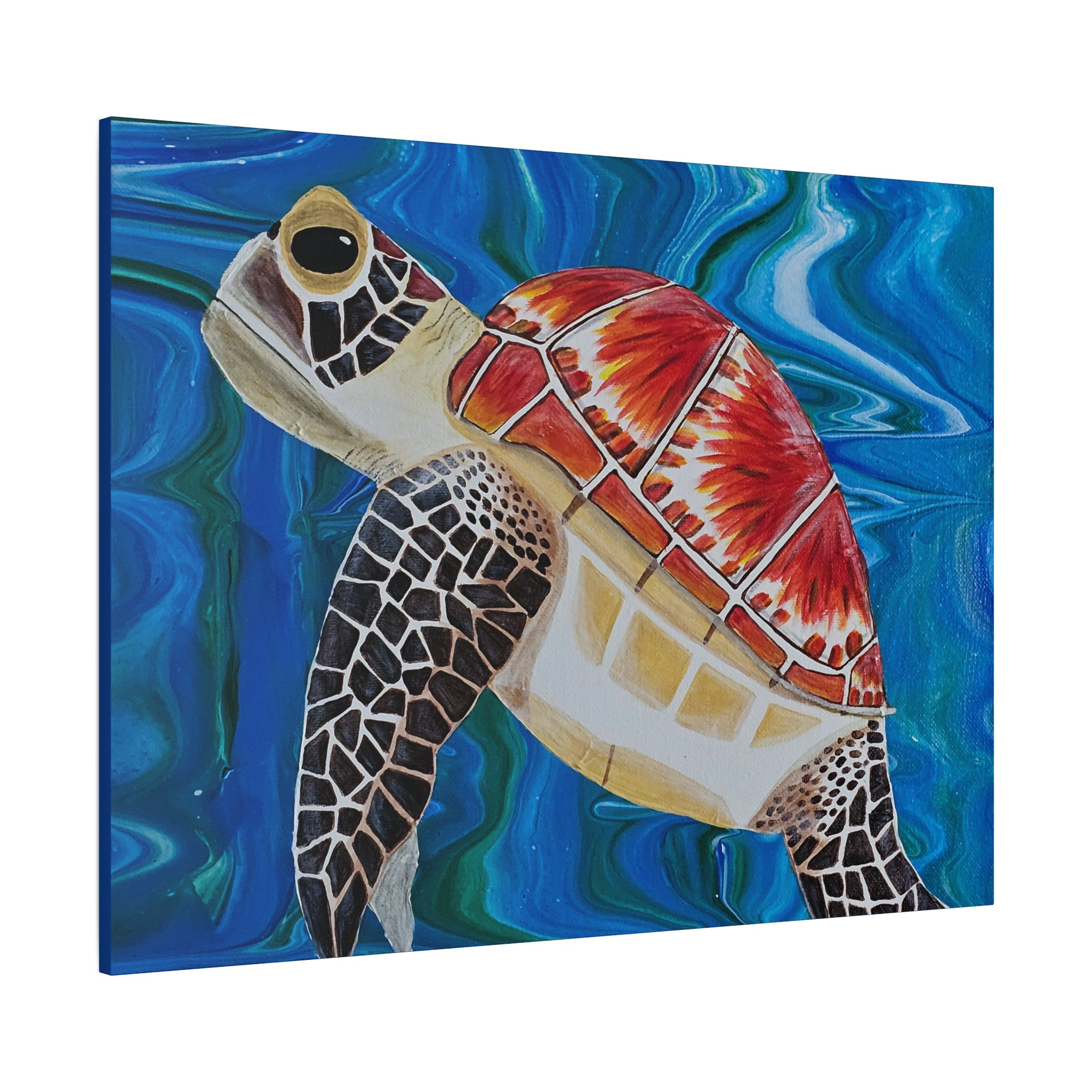 Colorful turtle painting on a blue abstract background