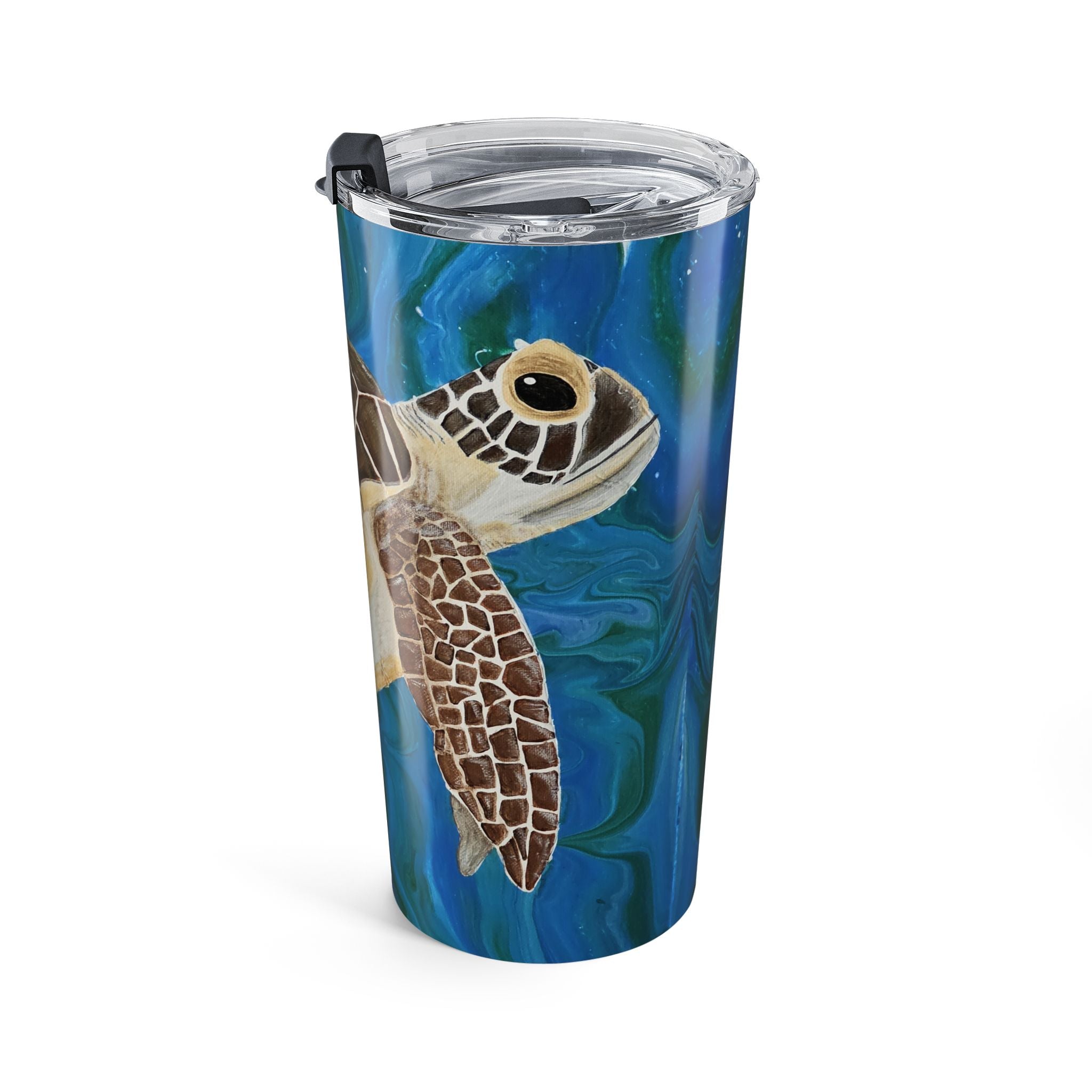 Tumbler with a turtle design on a blue underwater background