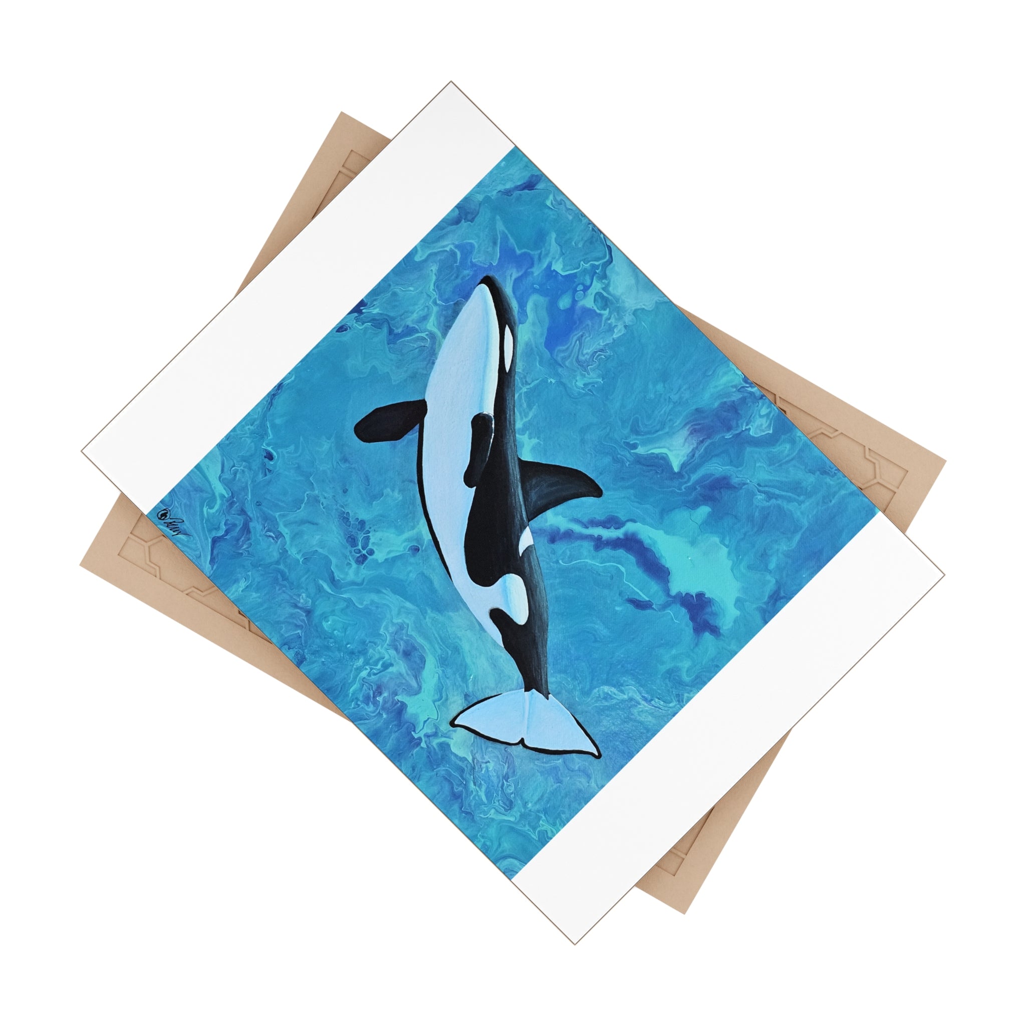 Card with an orca whale design on a blue watercolor background tile