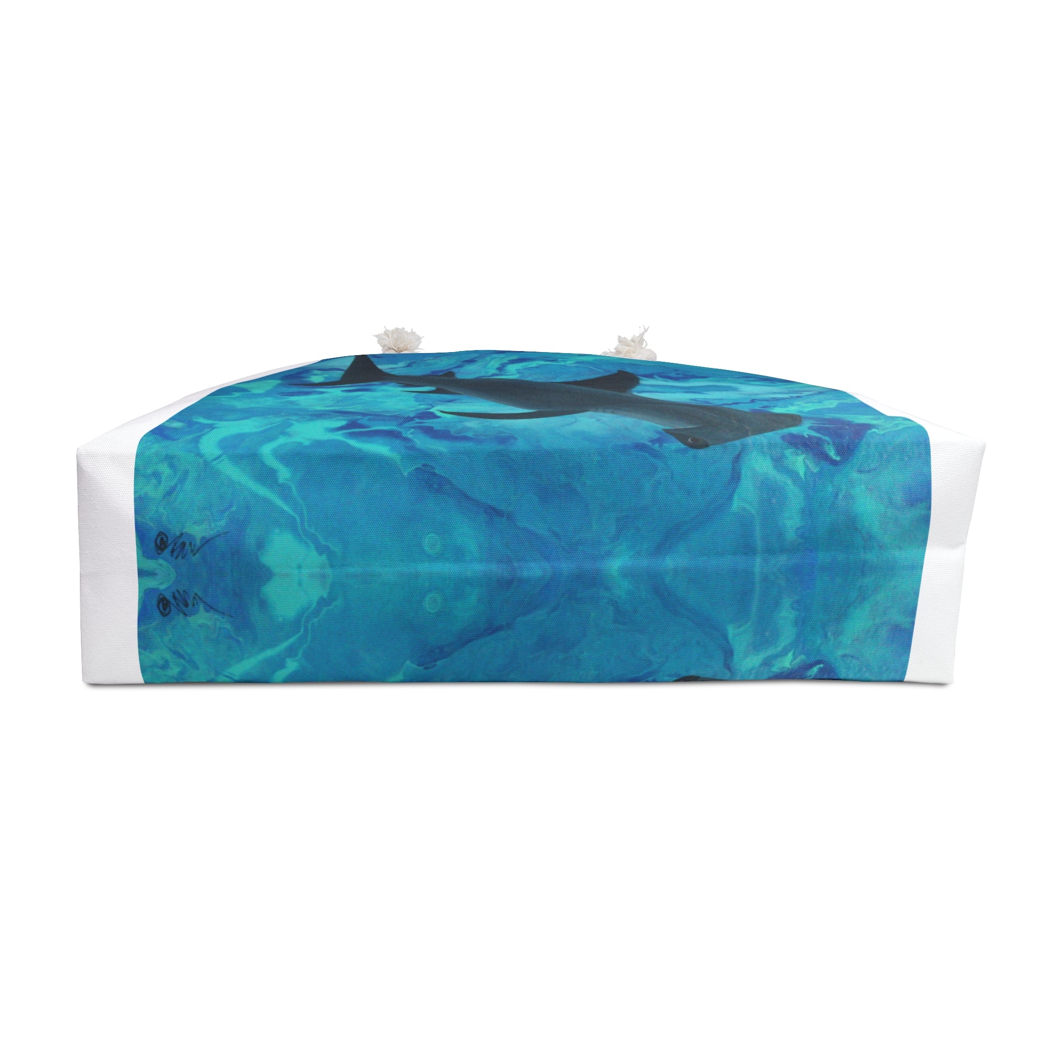 Bottom of bag with blue and green abstract pattern on a white background