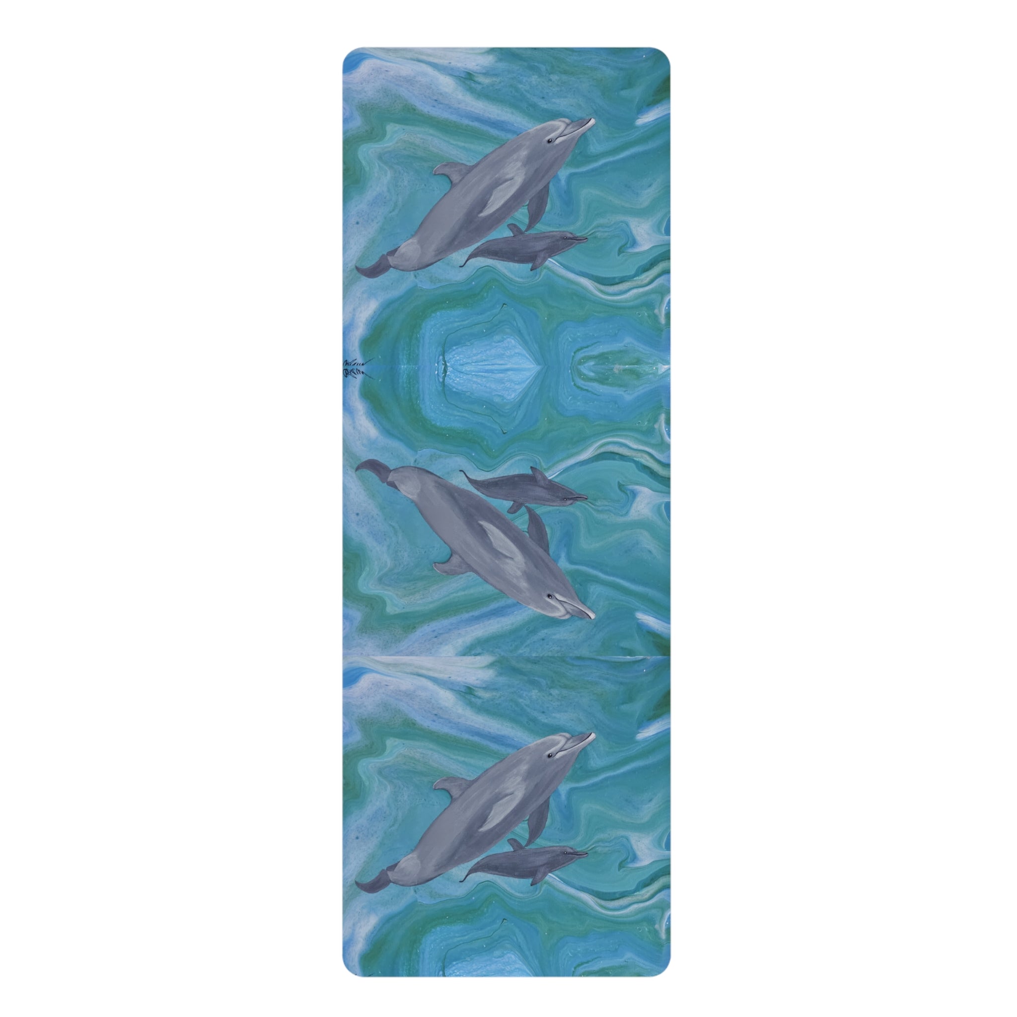 Yoga mat with dolphin design on a blue and green abstract pattern