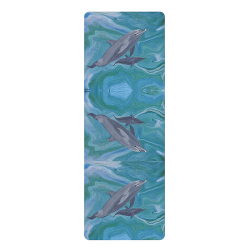 Yoga mat with dolphin design on a blue and green abstract pattern