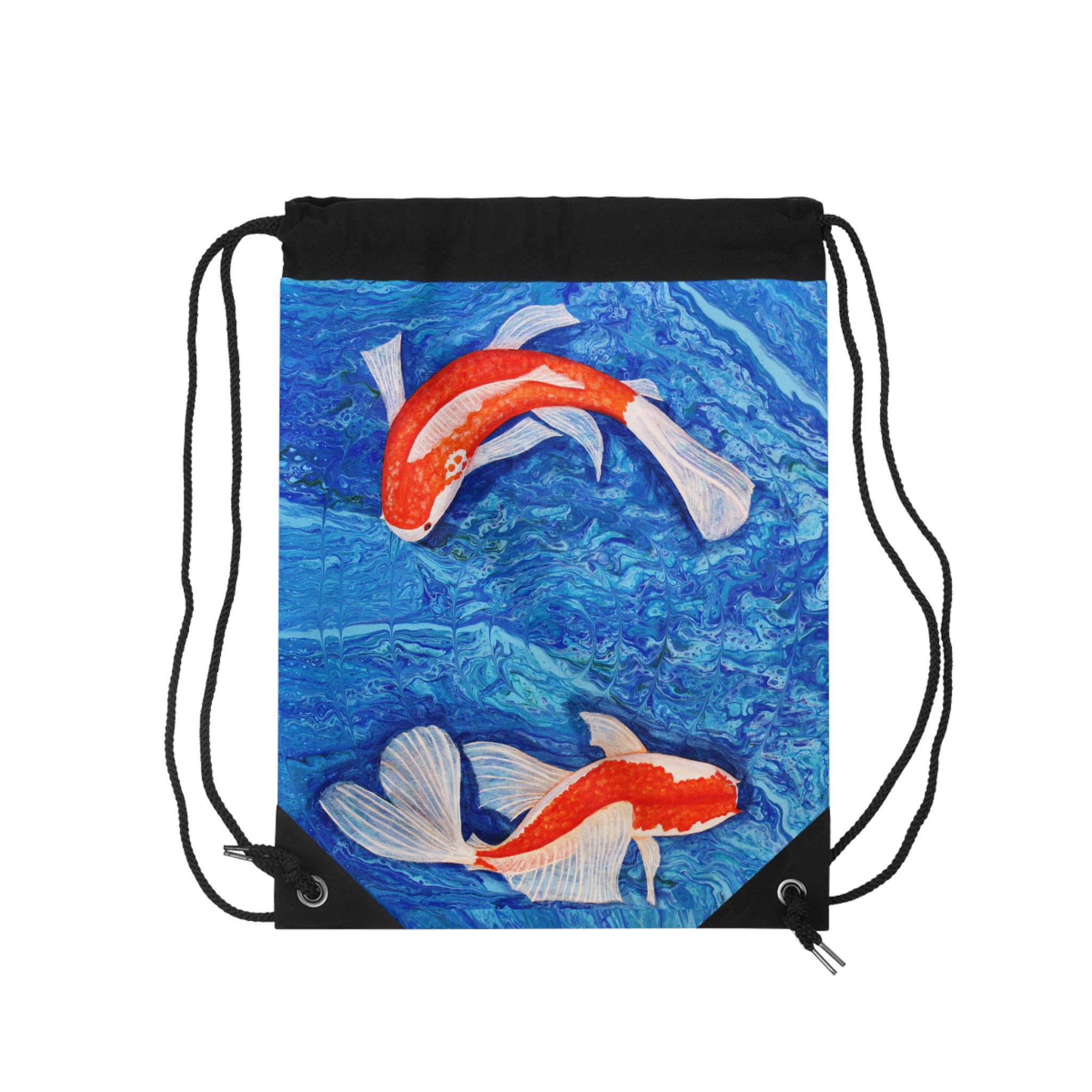 Drawstring bag with koi fish design on a blue water background