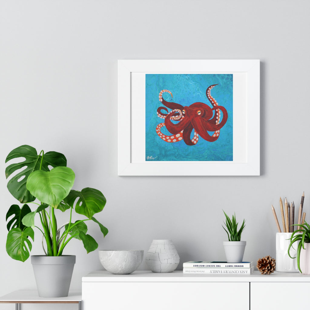 Framed artwork of a red octopus on a blue background, displayed in a room with plants and decor.