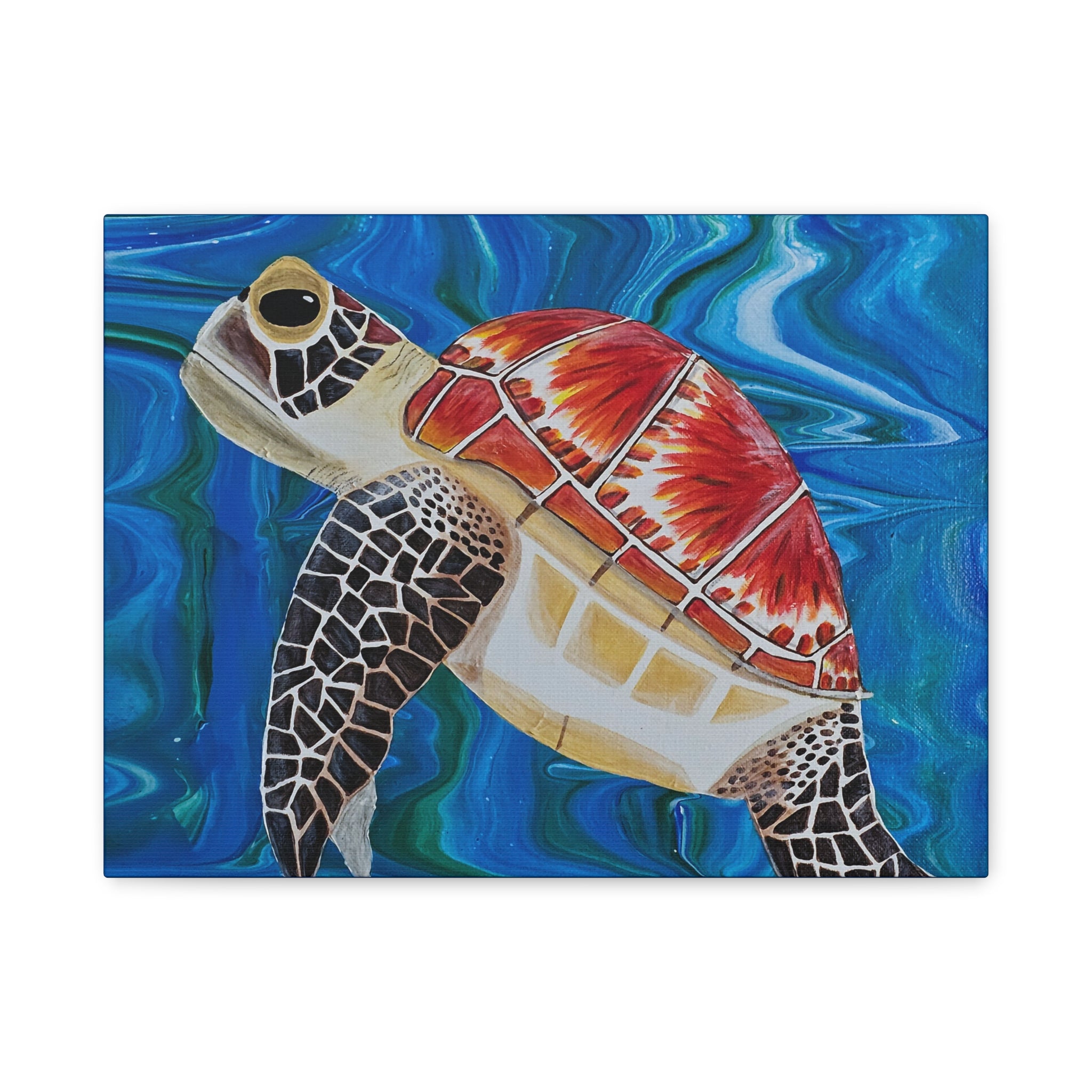 Colorful painting of a turtle with a red shell on a blue wave background