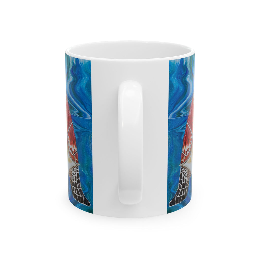 White mug with blue and red abstract design on a white background