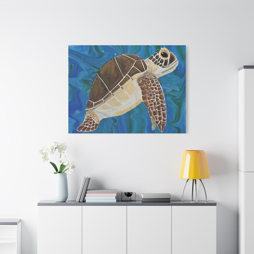 Painting of a turtle on a wall above a white cabinet with a yellow lamp and white flowers.