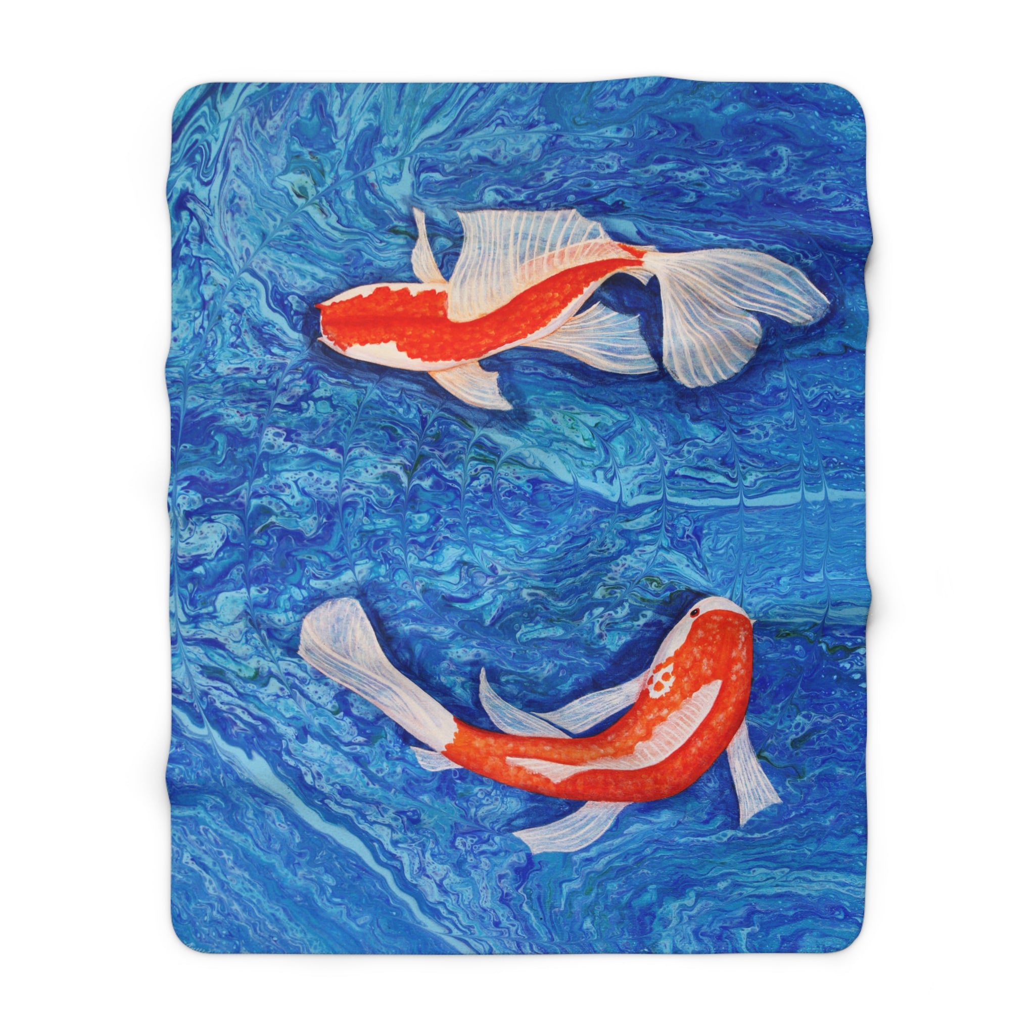 Fleece blanket with Koi fish design on a blue water background