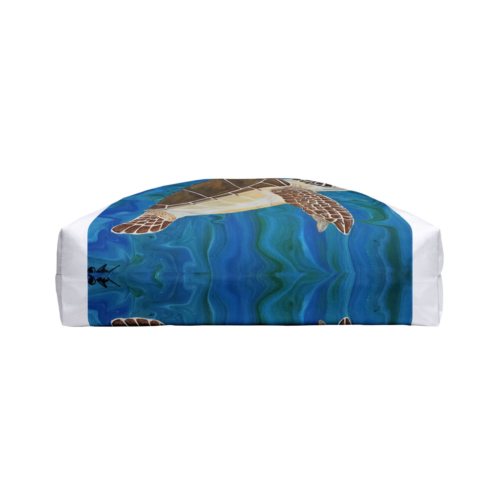 Rectangular bottom of bag with turtle design on a blue water pattern