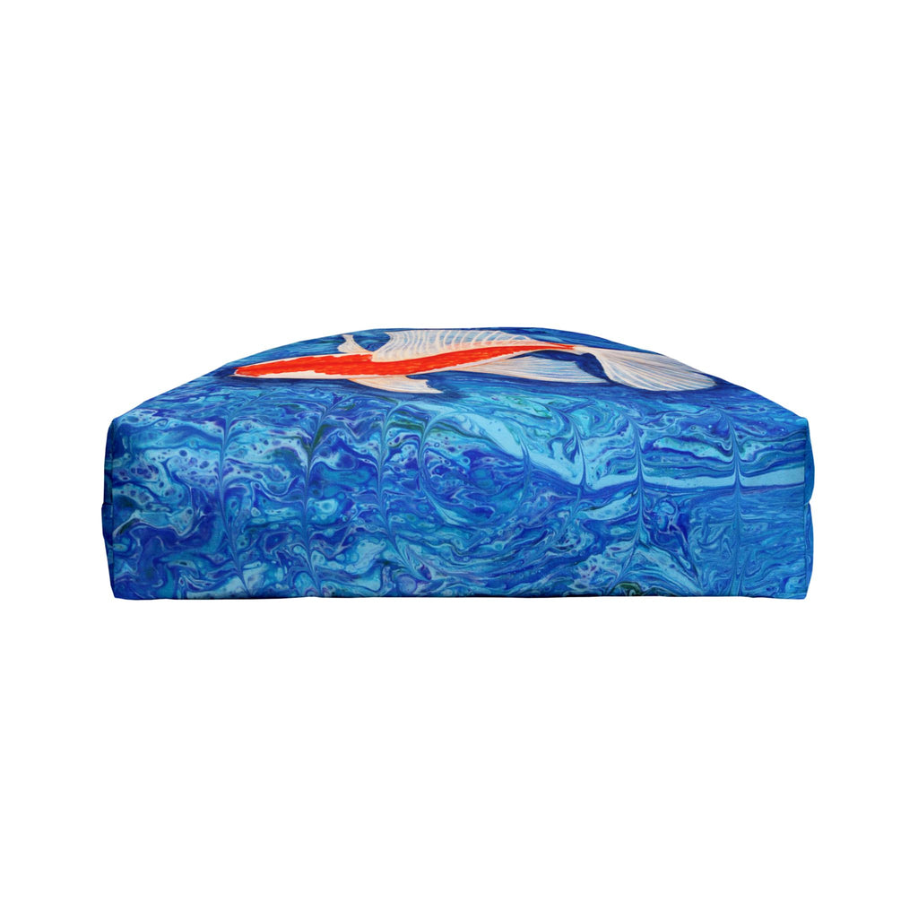 Bottom of bag blue marbled with a red and white design on a white background