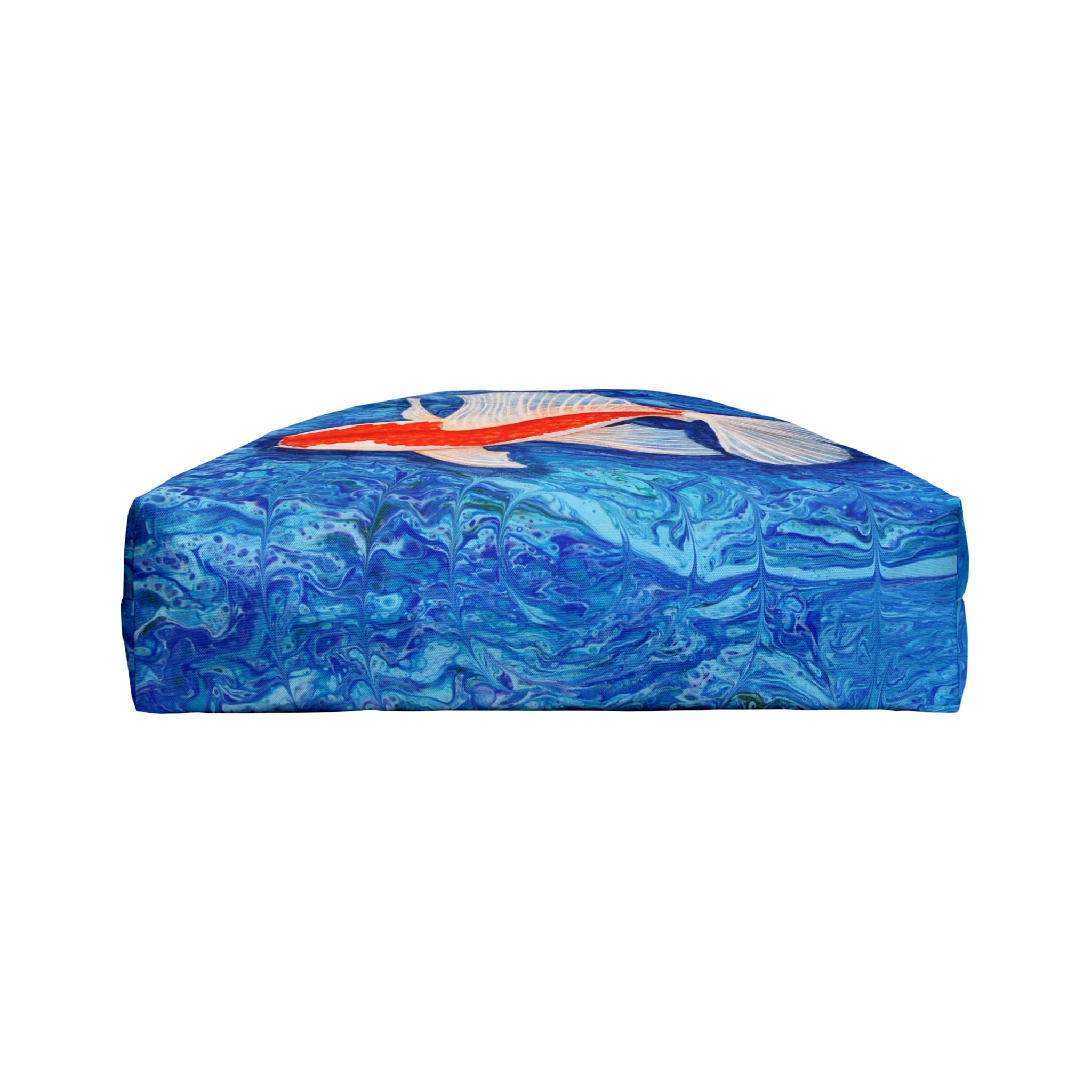 Bottom of bag blue marbled with a red and white design on a white background