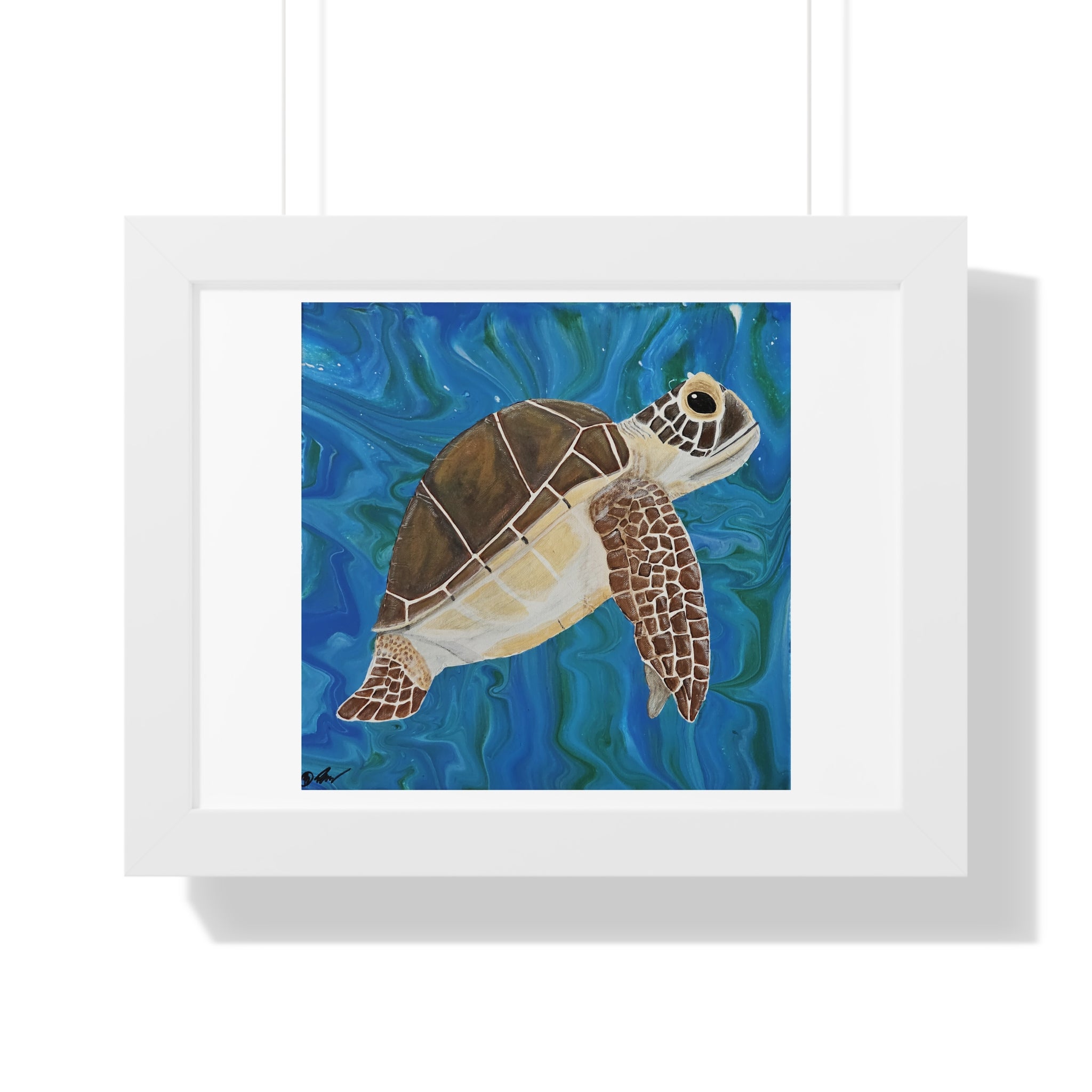 Framed artwork of a turtle on a blue background