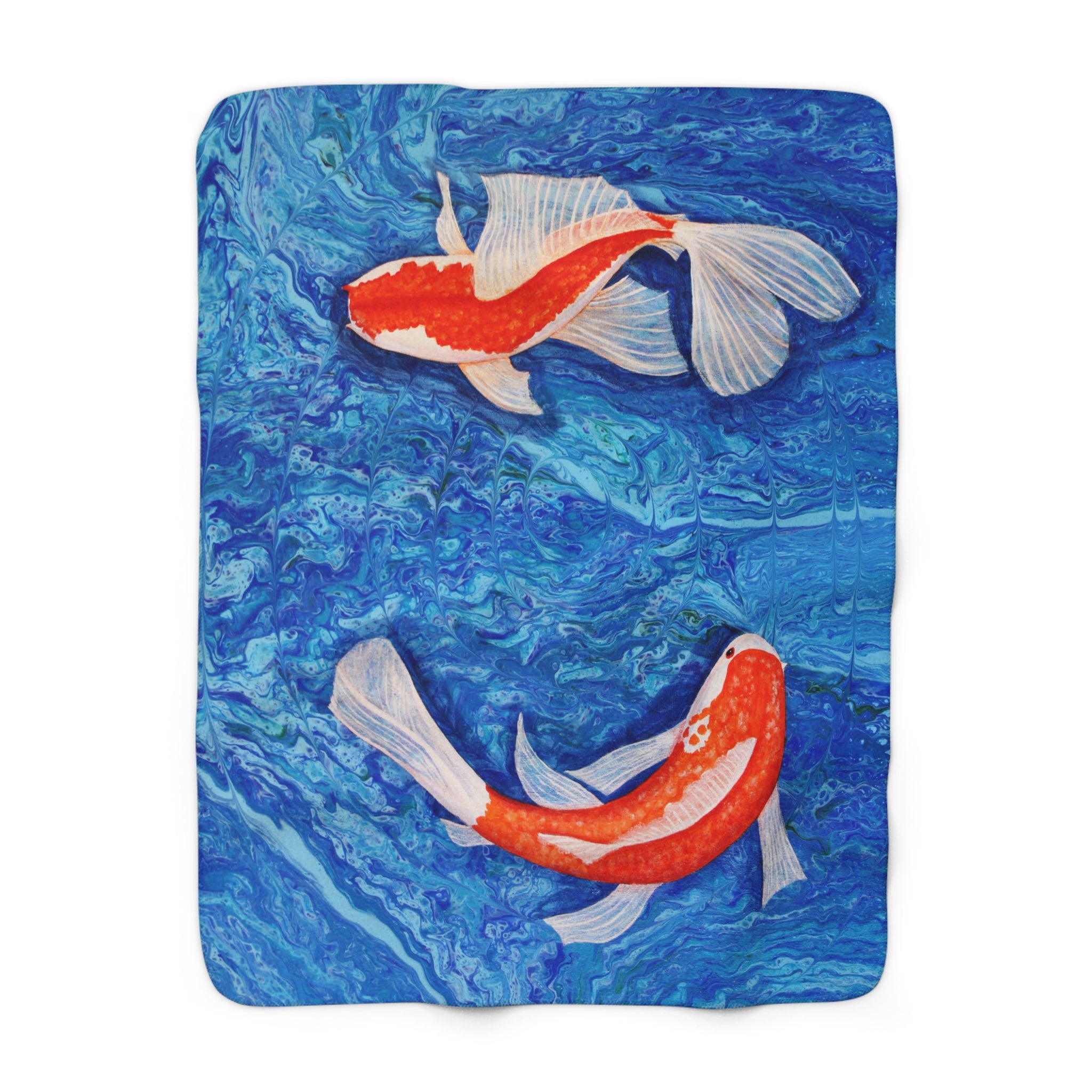 Fleece blanket with koi fish design on a blue water background