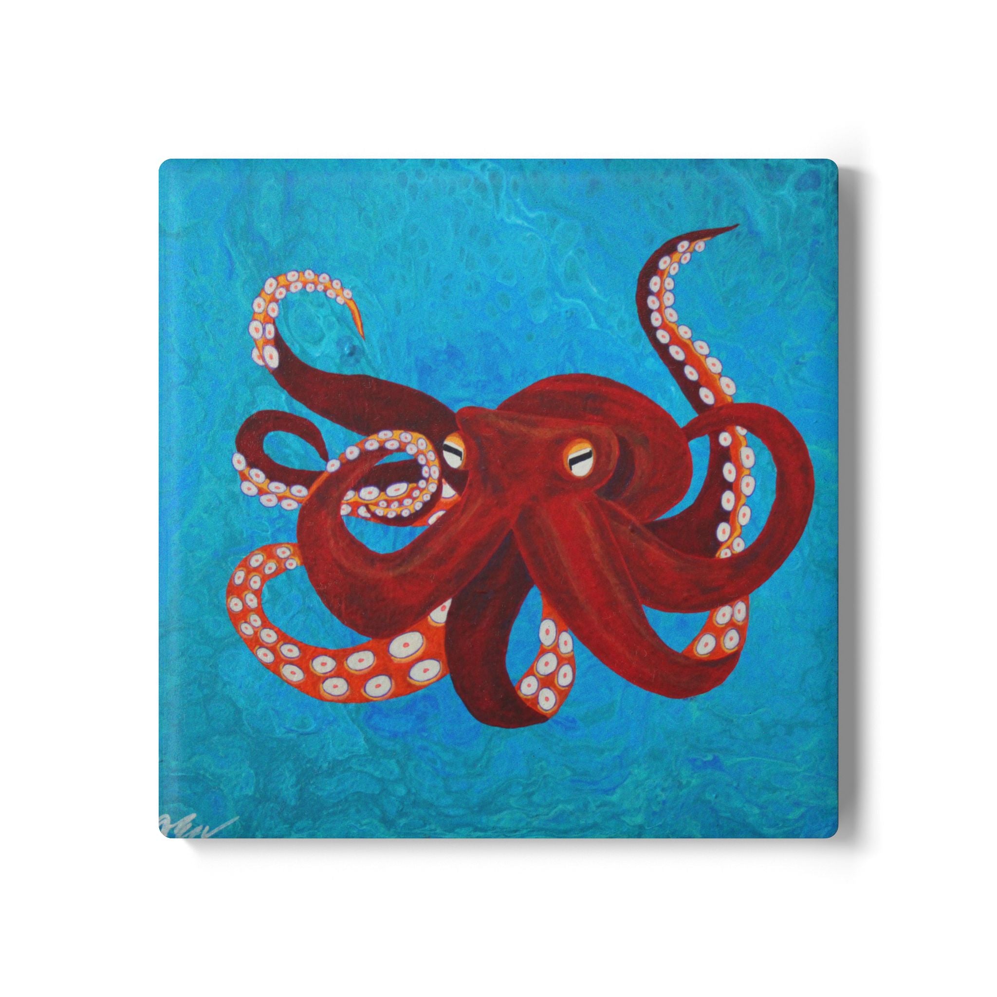 Coaster of a red octopus on a blue background