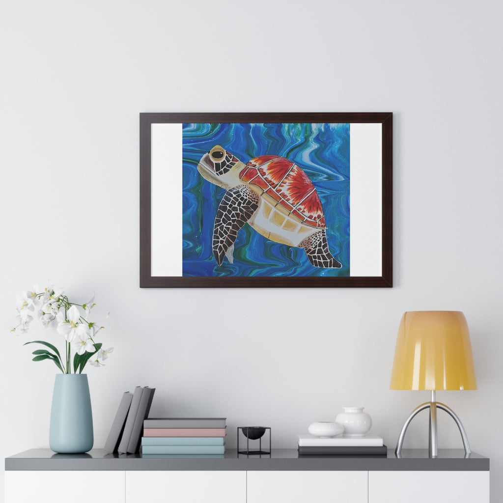Framed artwork of a turtle with a tie-dye pattern on a wall above a shelf.