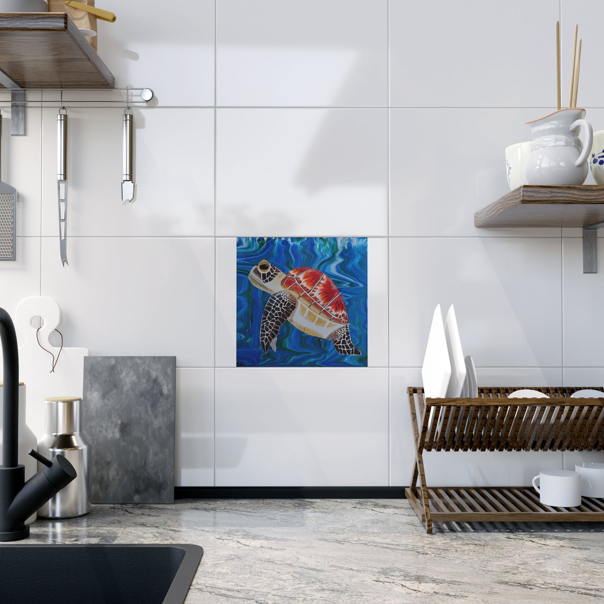 Kitchen interior with a turtle mosaic on the wall