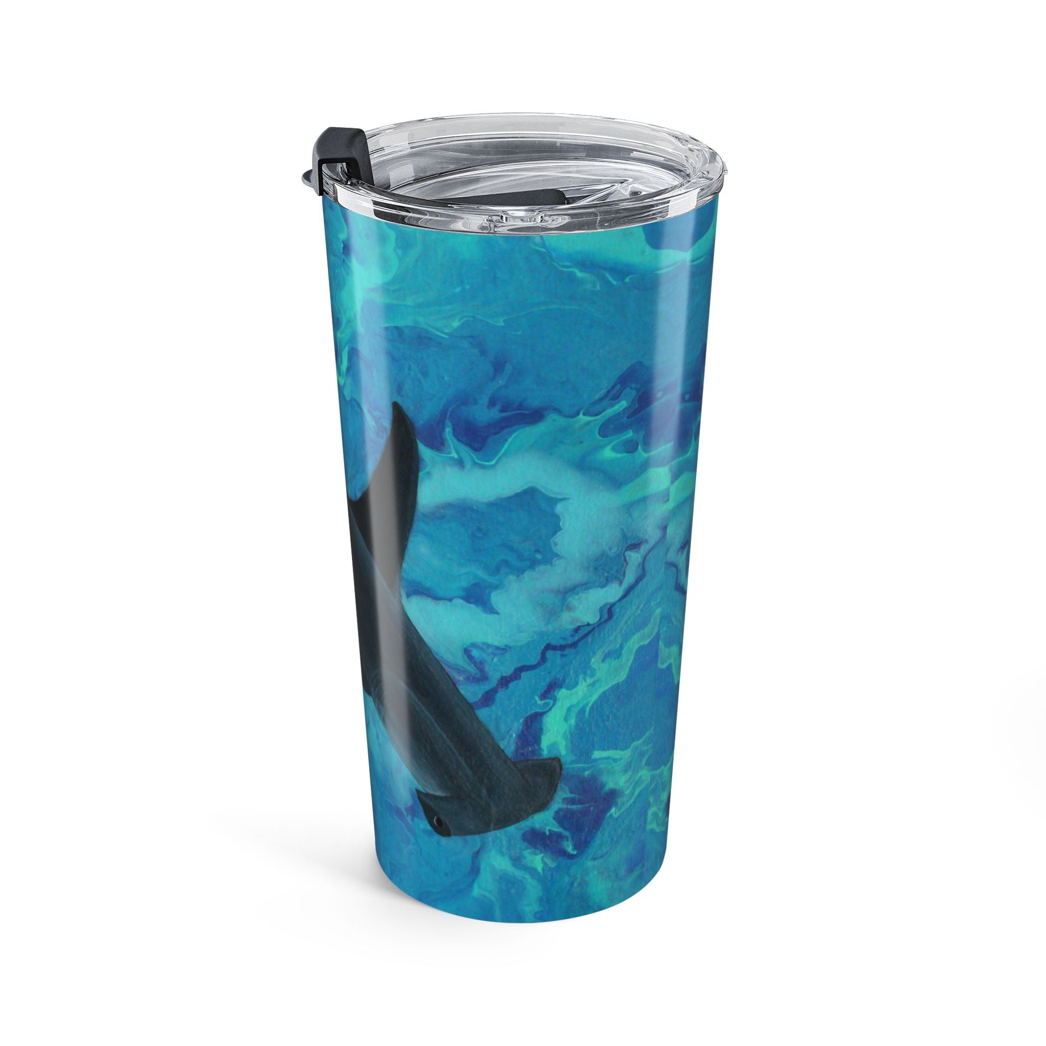 Tumbler with blue and green marbled design on a white background