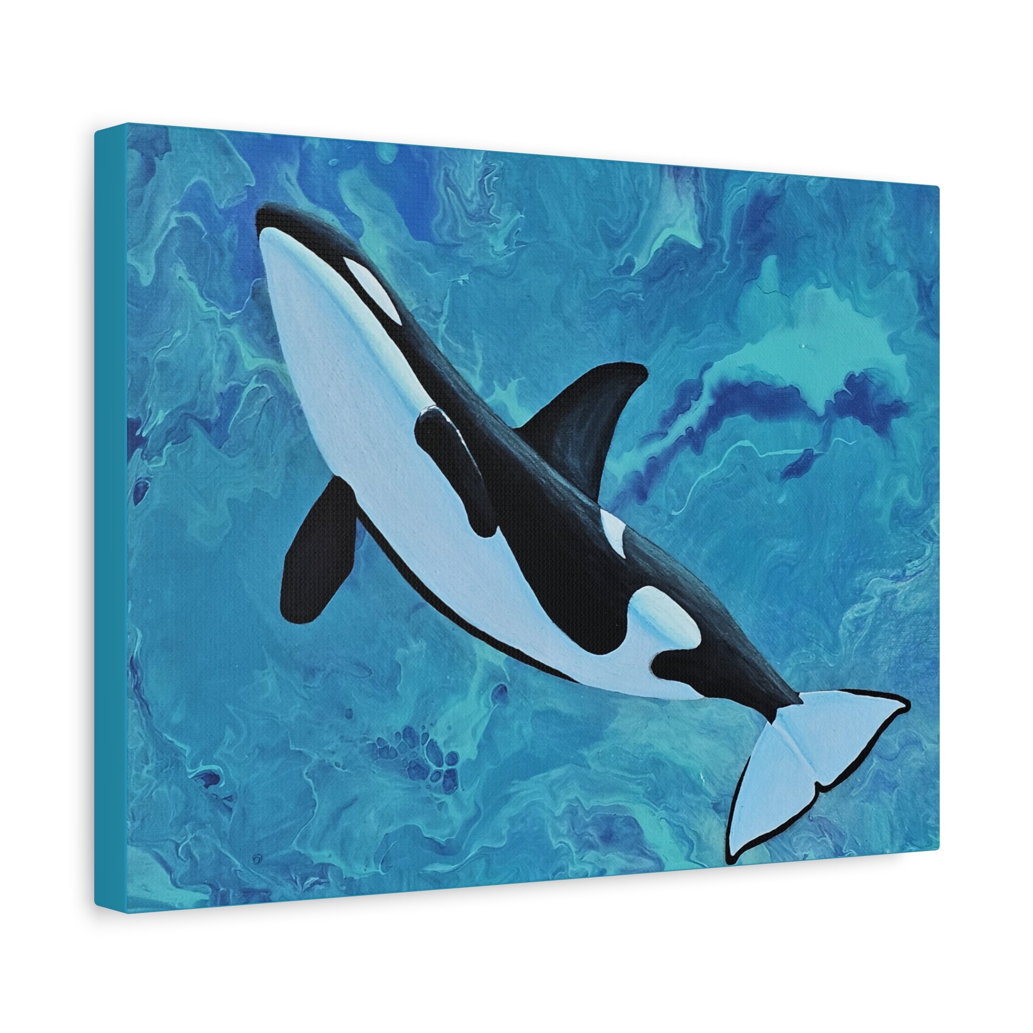 Orca whale painting on a blue abstract background