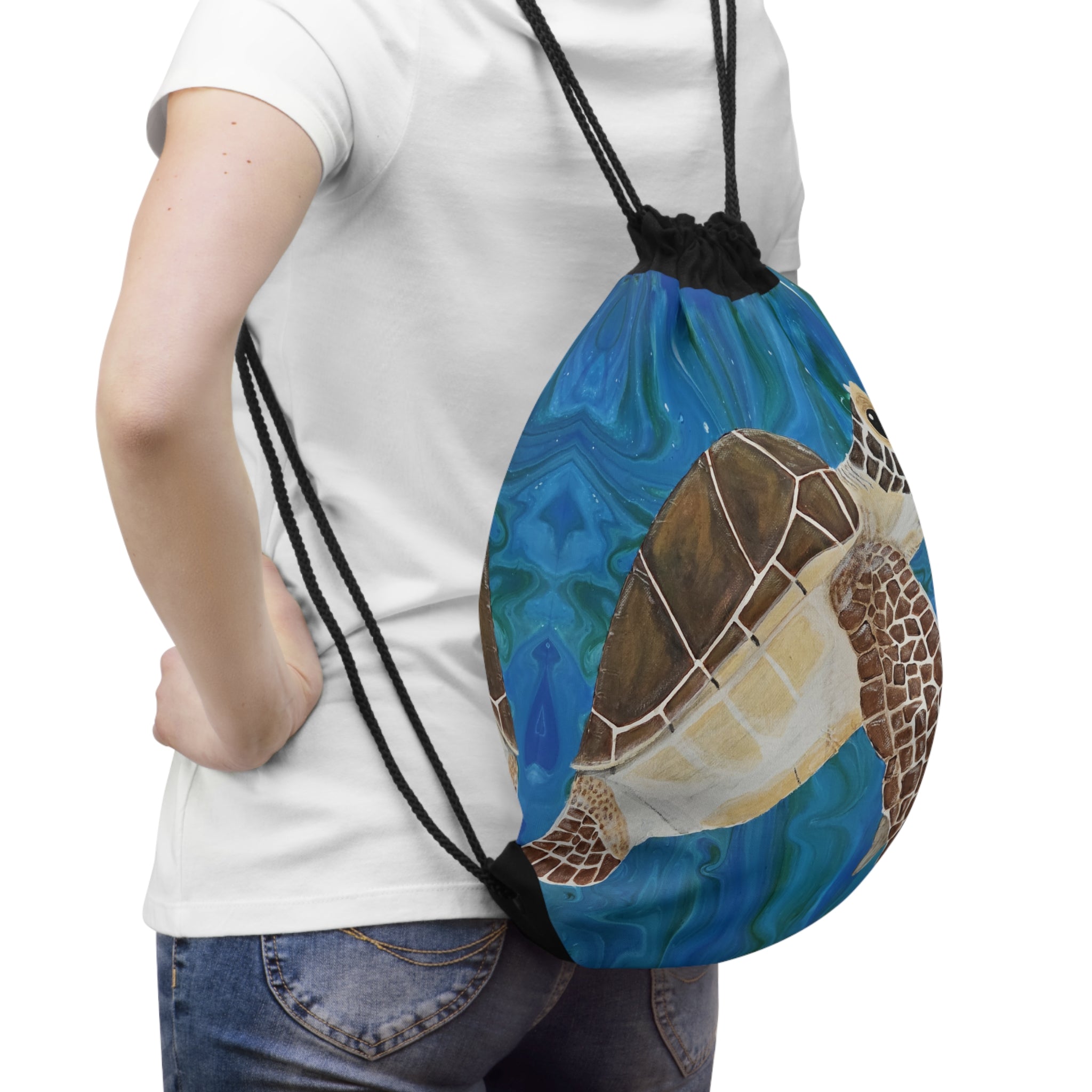 Person wearing a drawstring bag with a turtle design on a white background