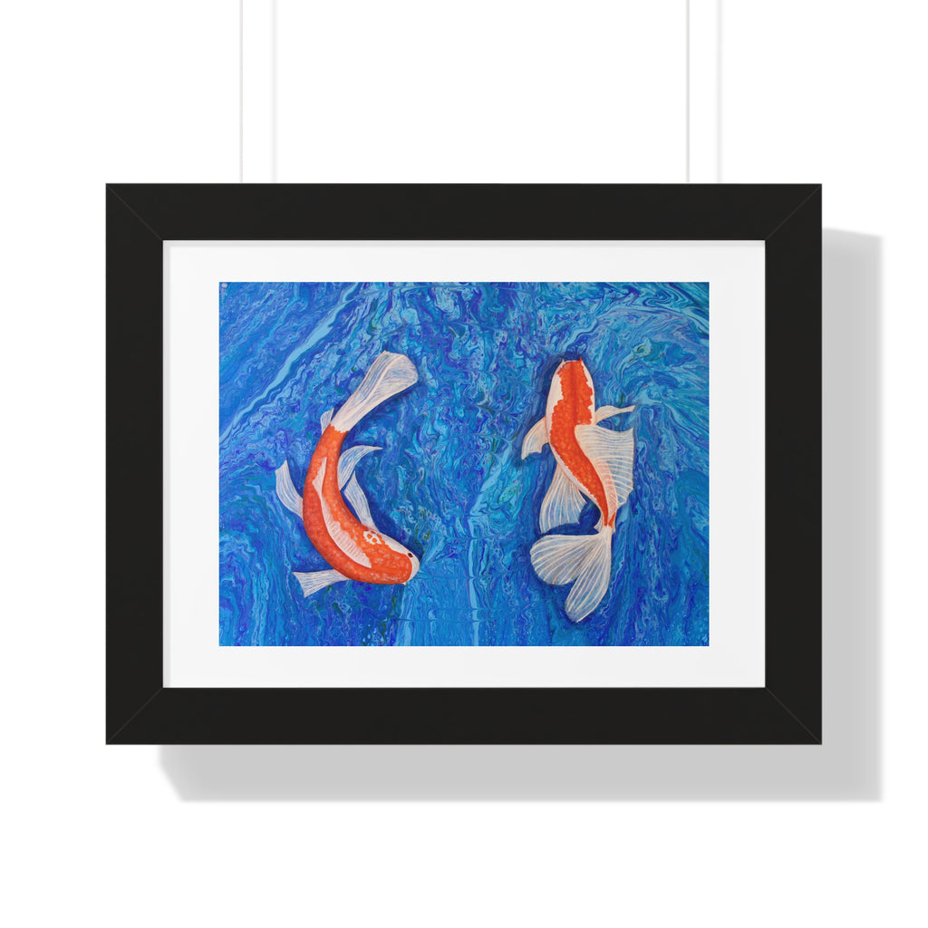 Framed artwork of two koi fish on a blue background