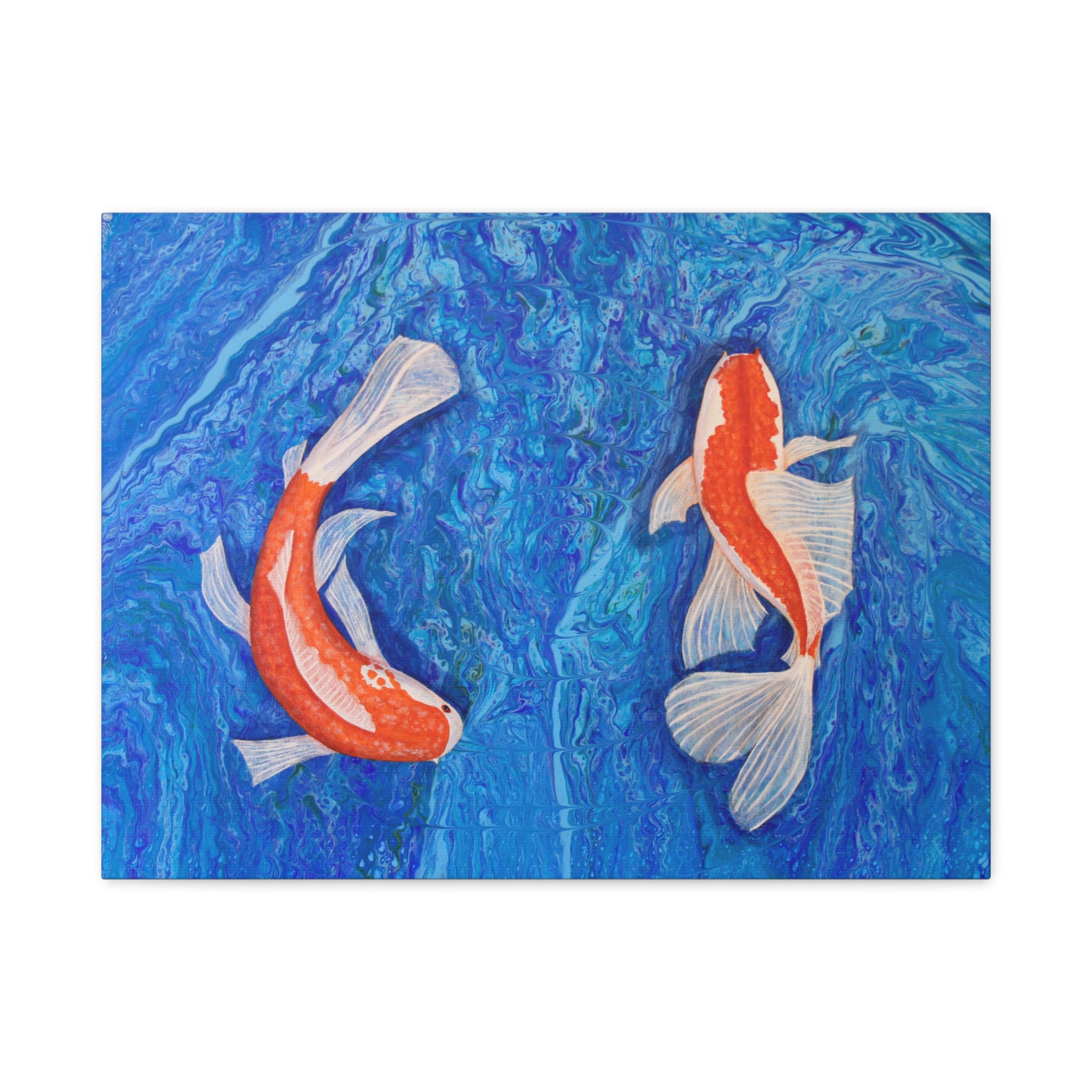 Two koi fish swimming in blue water on a textured blue background