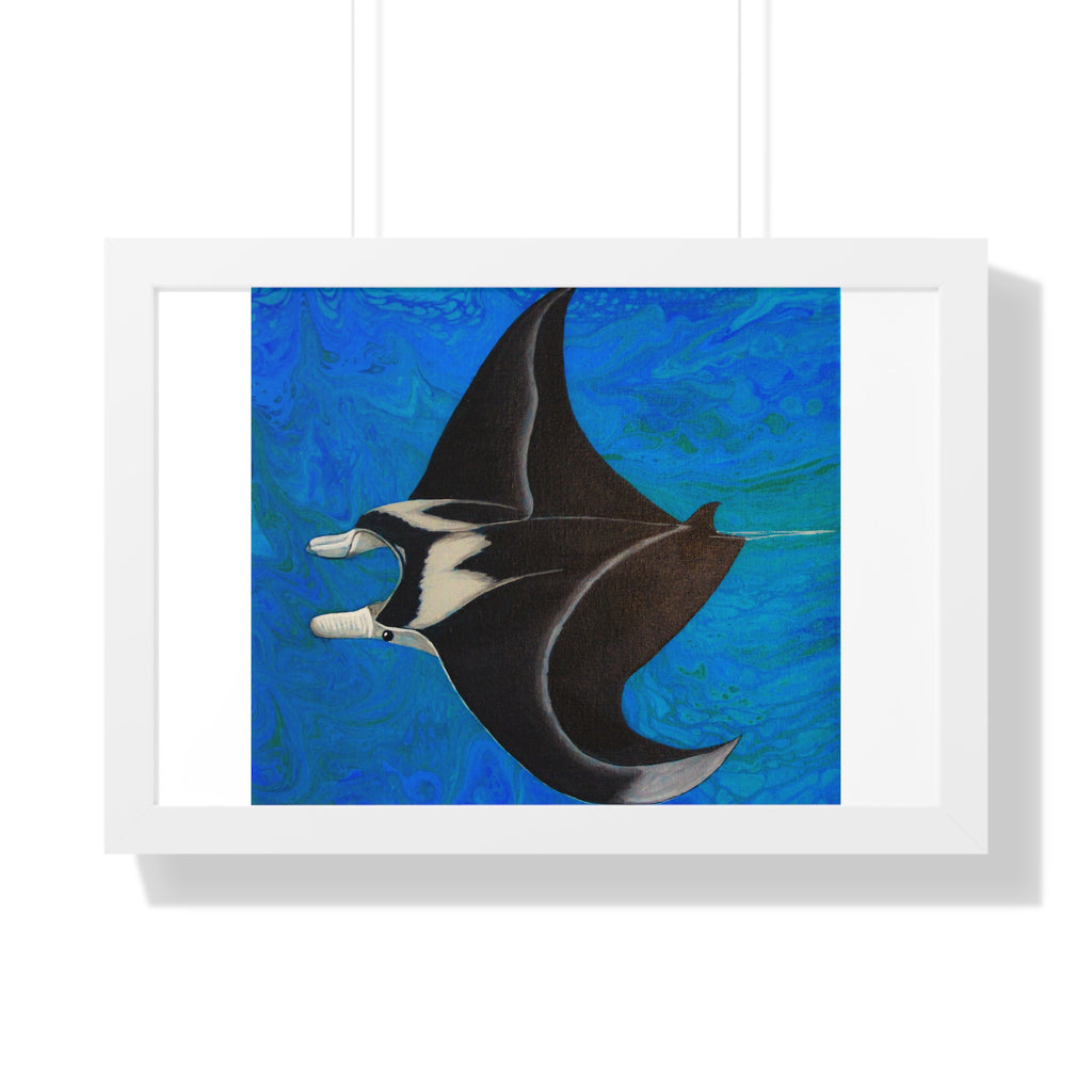 Framed artwork of a manta ray on a blue abstract background