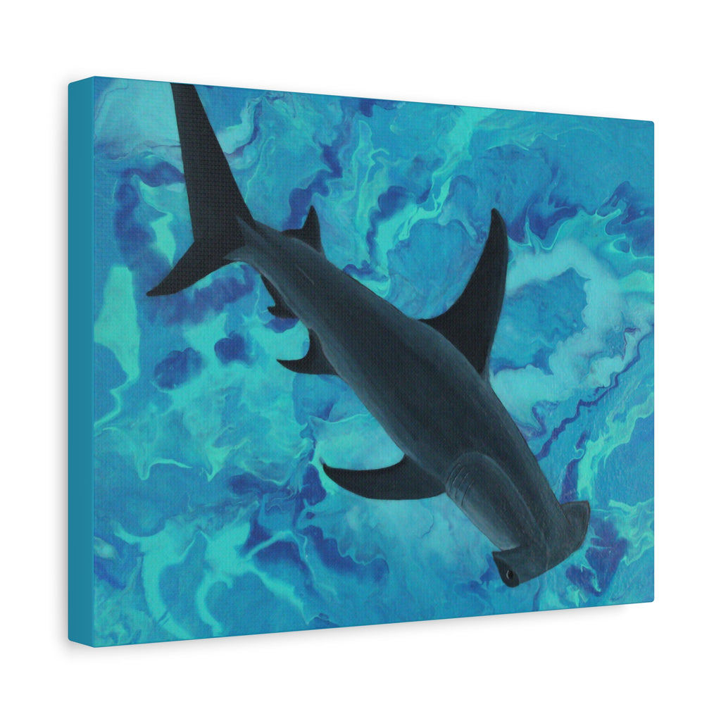 Canvas print of a shark swimming against a blue abstract background