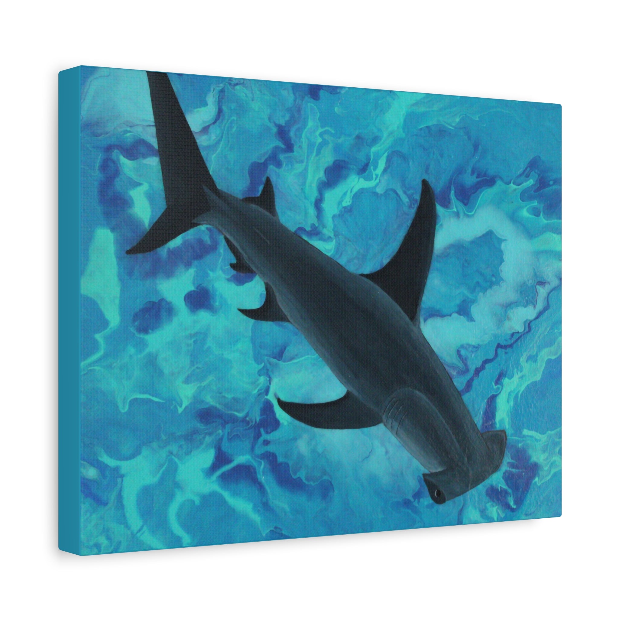 Canvas print of a shark swimming against a blue abstract background