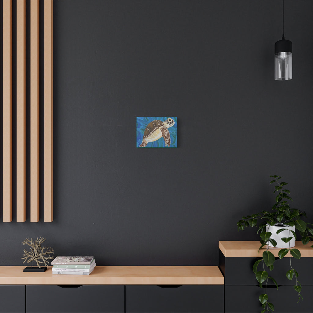 Very small canvas print of turtle. Modern interior with a dark wall, wooden shelf, and decorative items.