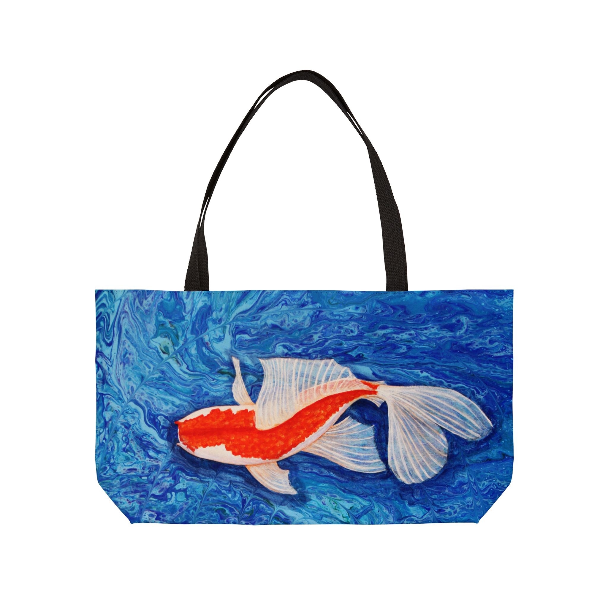 Tote bag with a goldfish design on a blue watercolor background