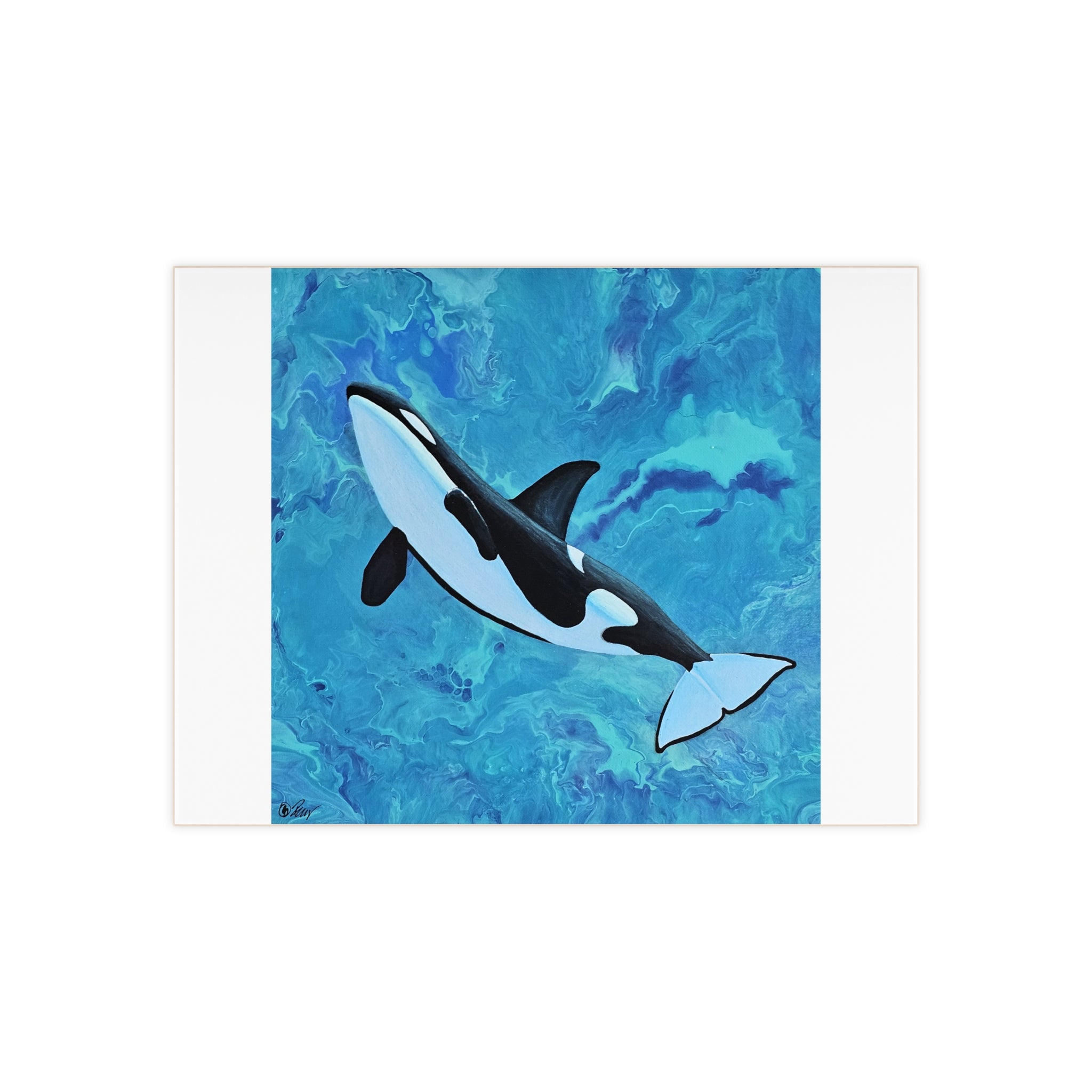 Orca whale illustration on a blue abstract background tile