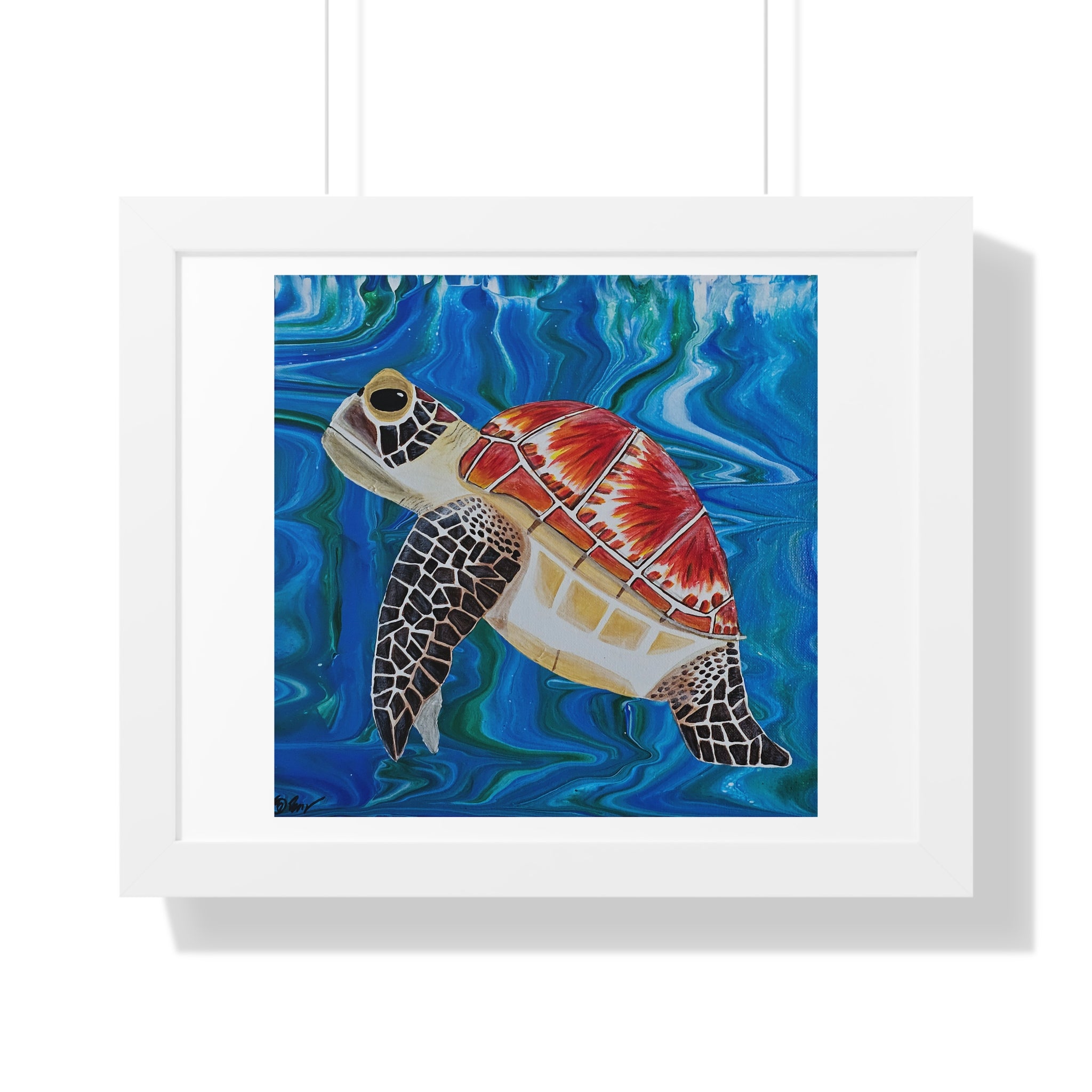 Colorful turtle painting on a blue wave background with a white frame.