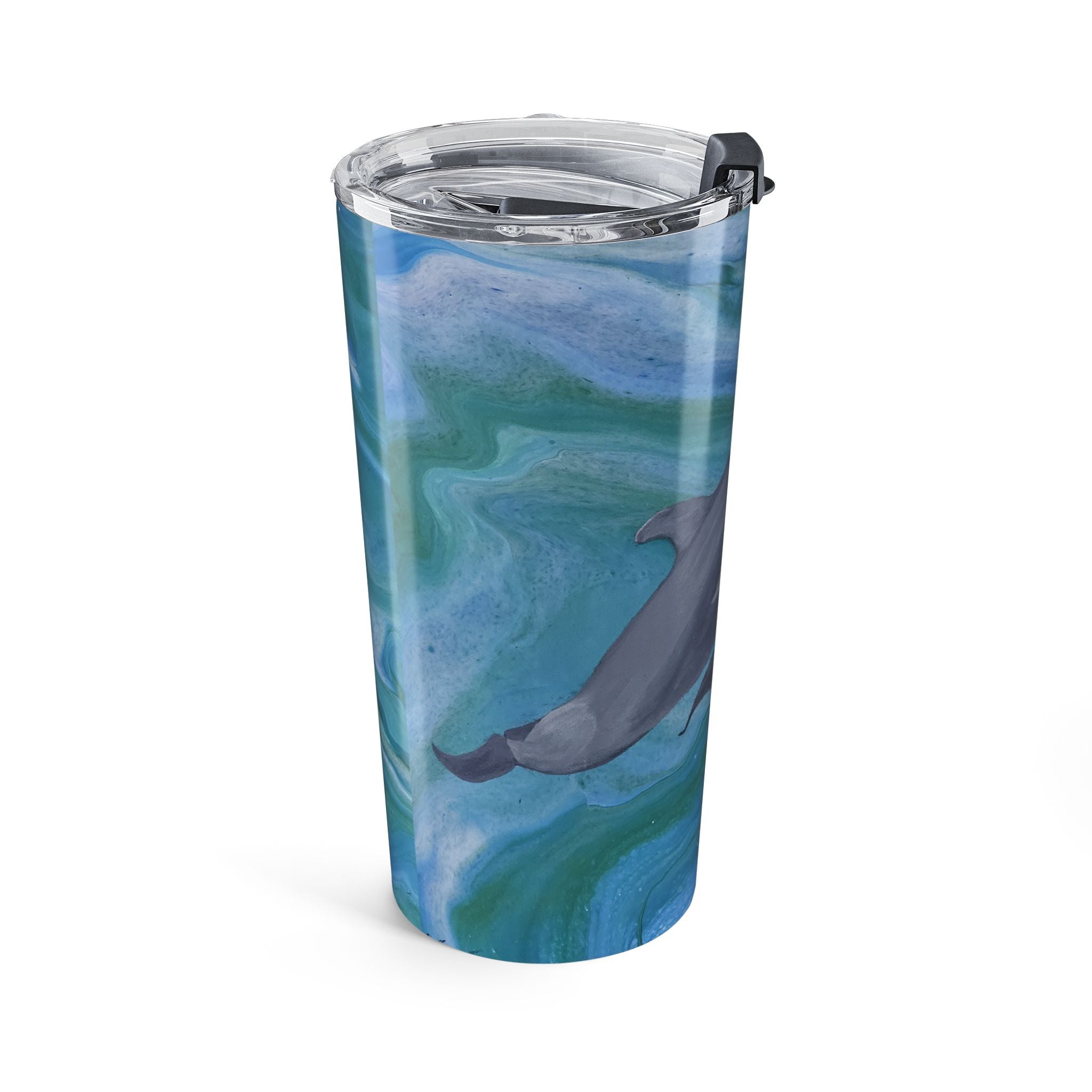 Tumbler with a dolphin design on a white background