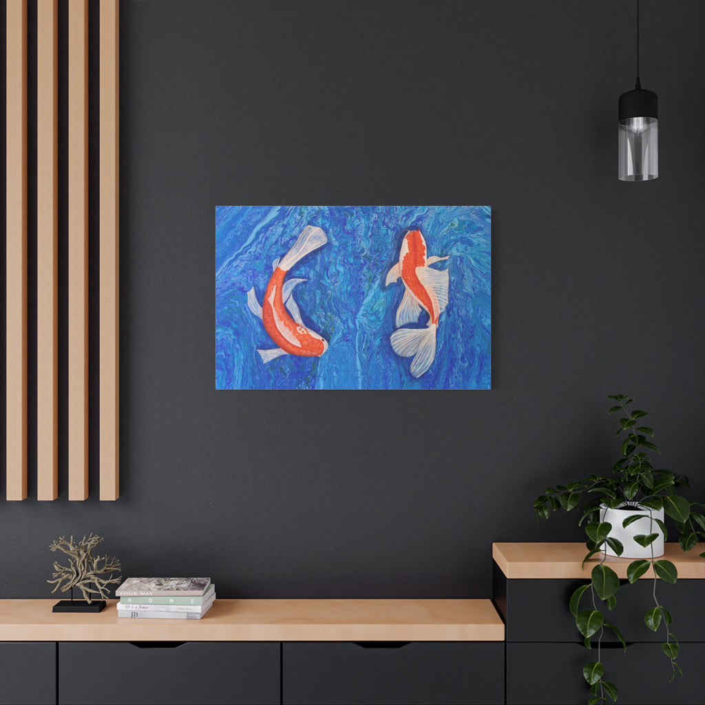 Artistic depiction of two koi fish on a blue background, hanging on a dark wall with a wooden shelf below.