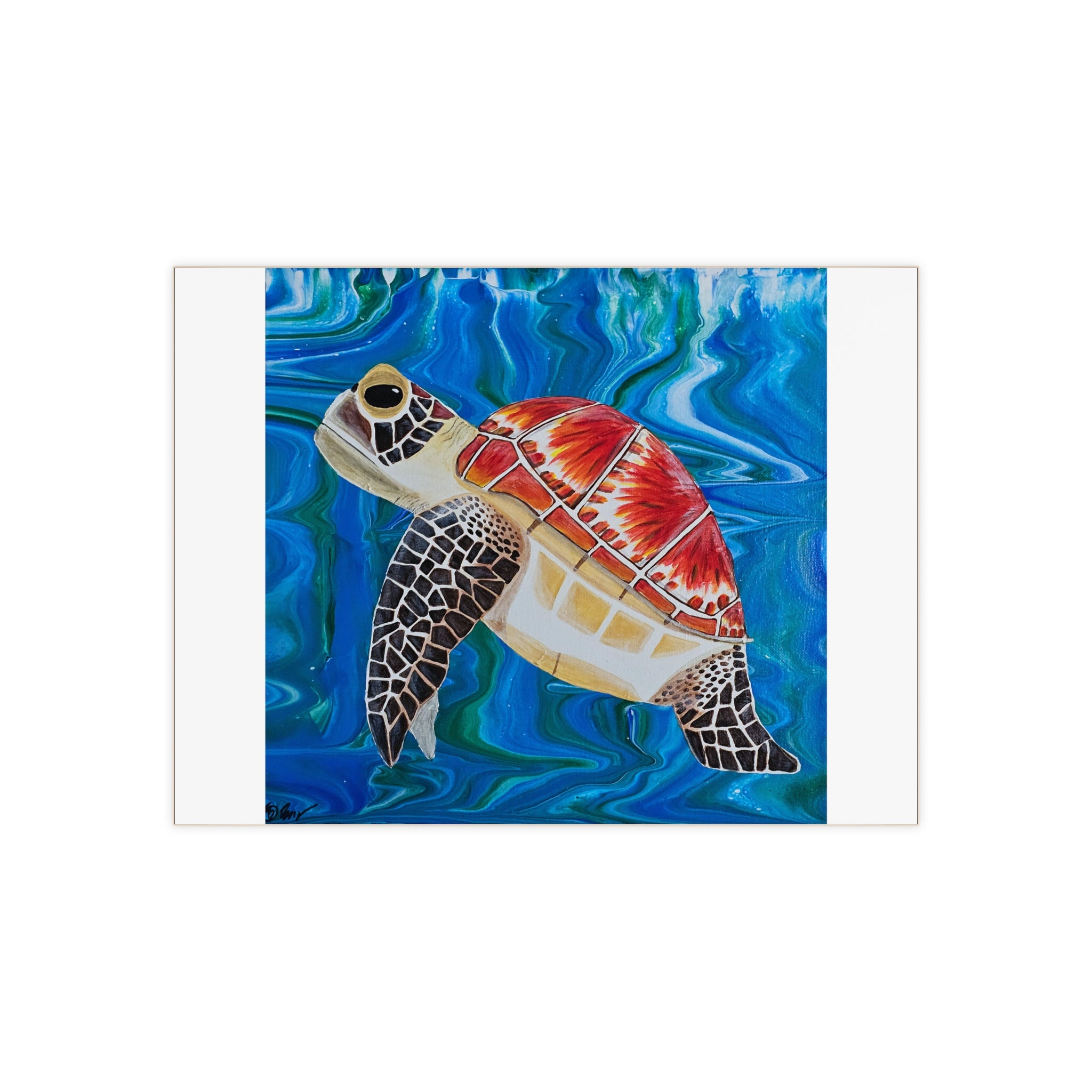 Colorful turtle illustration on a blue watercolor background tile