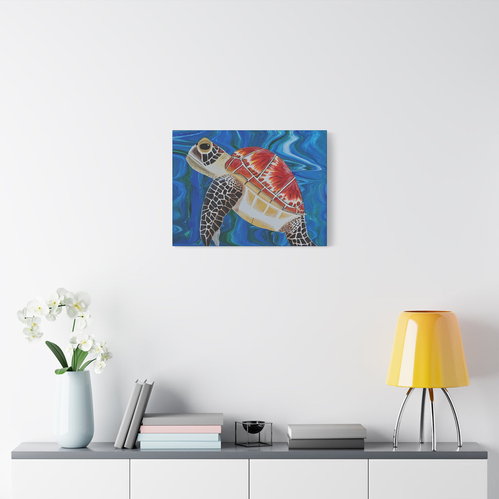 Colorful turtle painting on a wall above a shelf with decor items.