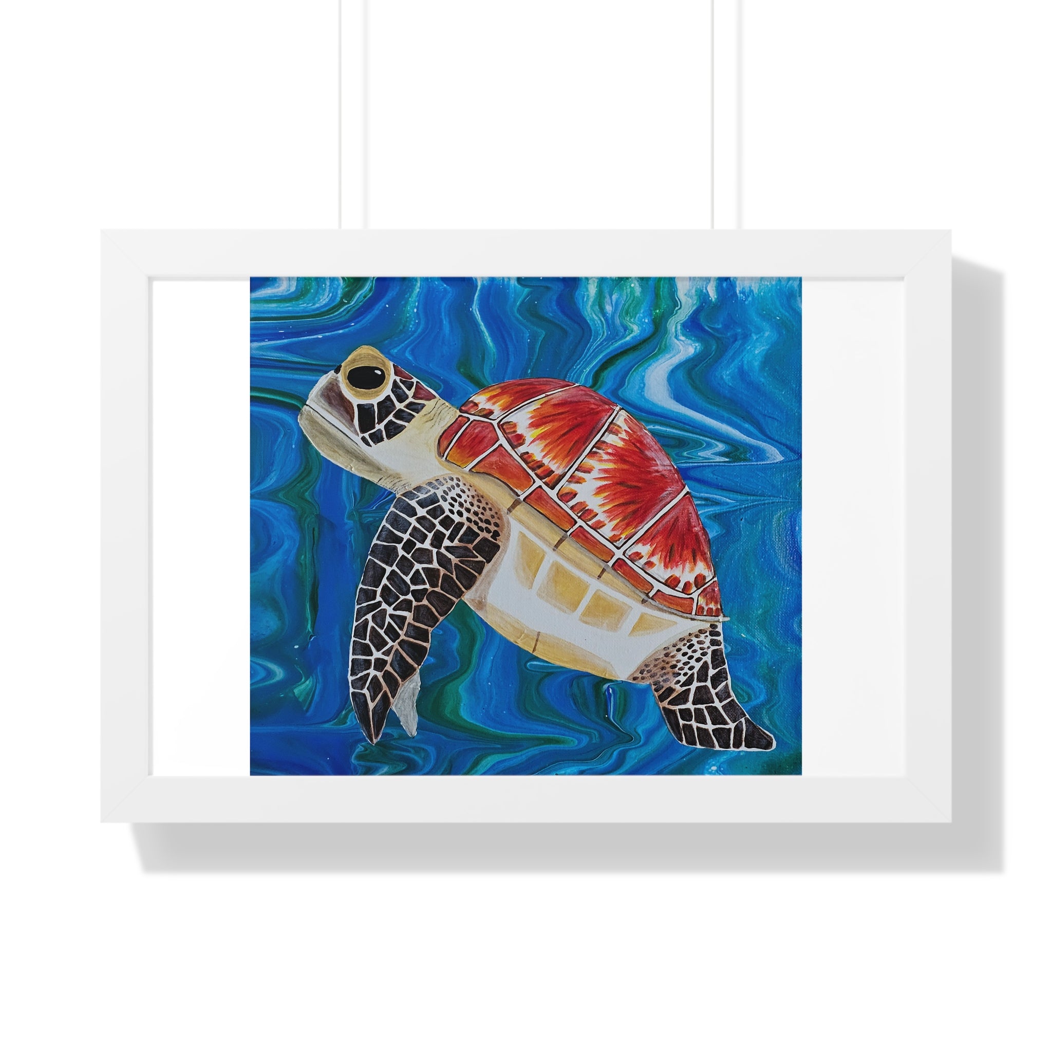 Framed artwork of a colorful turtle on a blue abstract background