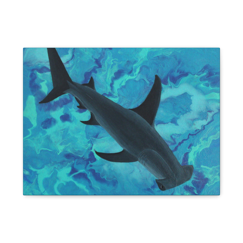 Shark swimming against a blue and green abstract background
